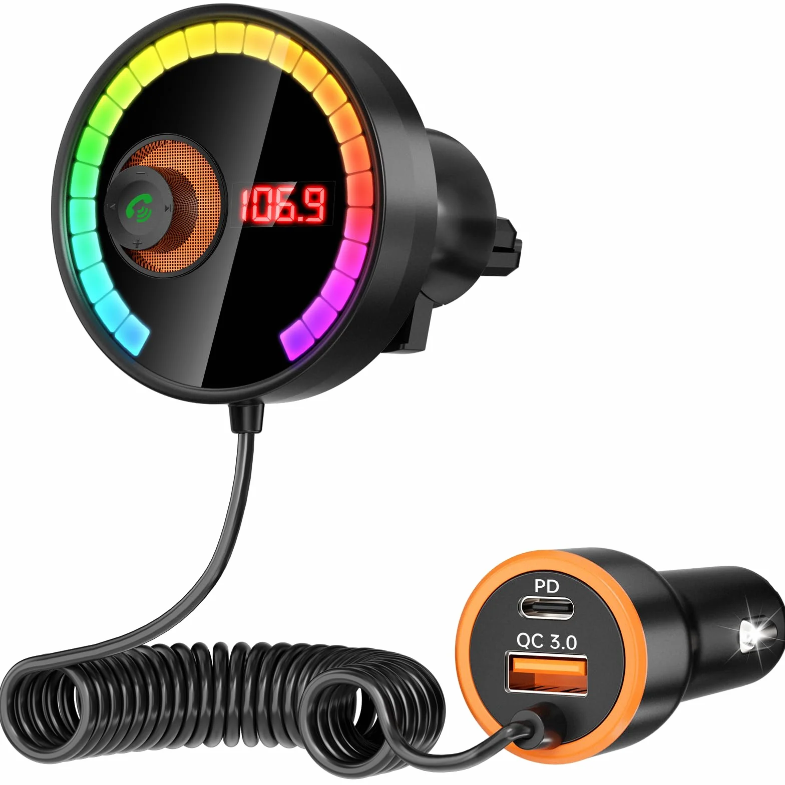 Samochodowy adapter Bluetooth 5.4 FM Nadajnik LED Radio Odtwarzacz Muzyczny Głośnomówiący czarny