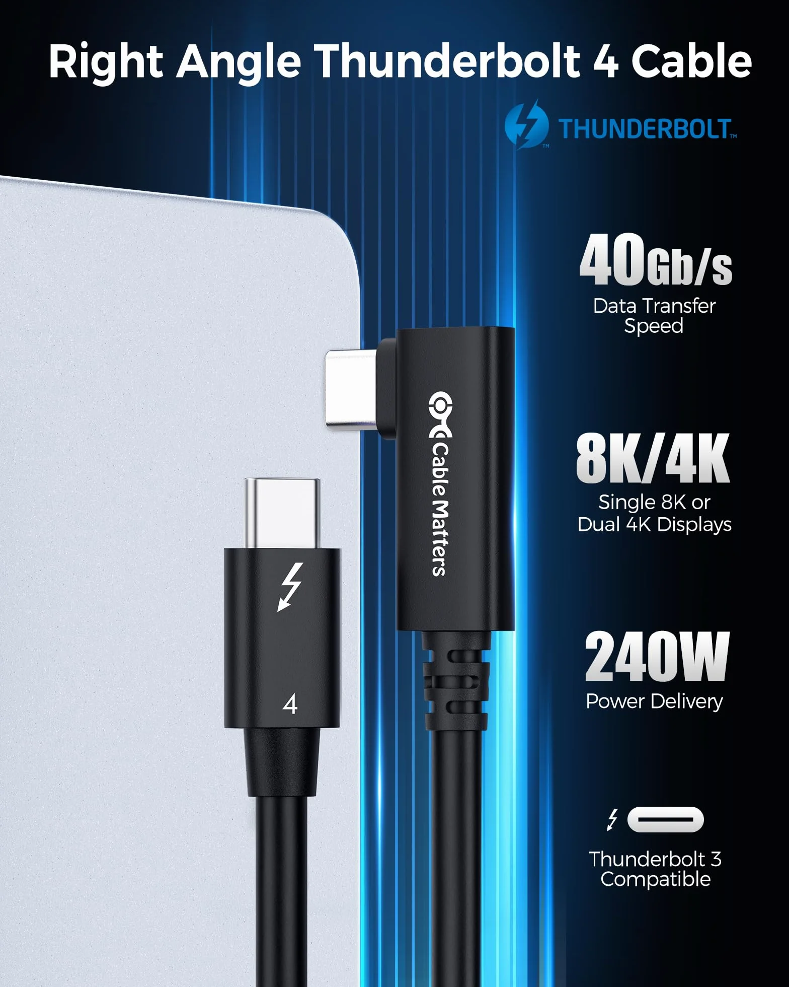 Cable Matters Kabel Thunderbolt 4 40 Gb/s, 0,8 m, wideo 8K i ładowaniem 240 W, 0,8 m, kabel Thunderbolt 4 90 stopni, kompatybilny z USB 4, Thunderbolt3/5 i USB-C