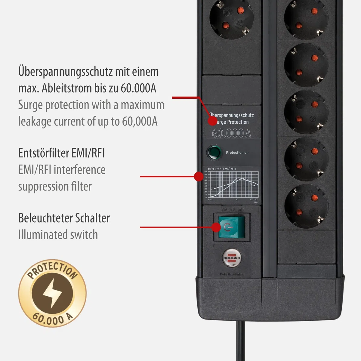 Brennenstuhl Listwa zasilająca Premium-Line, 8 gniazd, z zabezpieczeniem przeciwprzepięciowym (3 m, z przełącznikiem, Made in Germany), czarna
