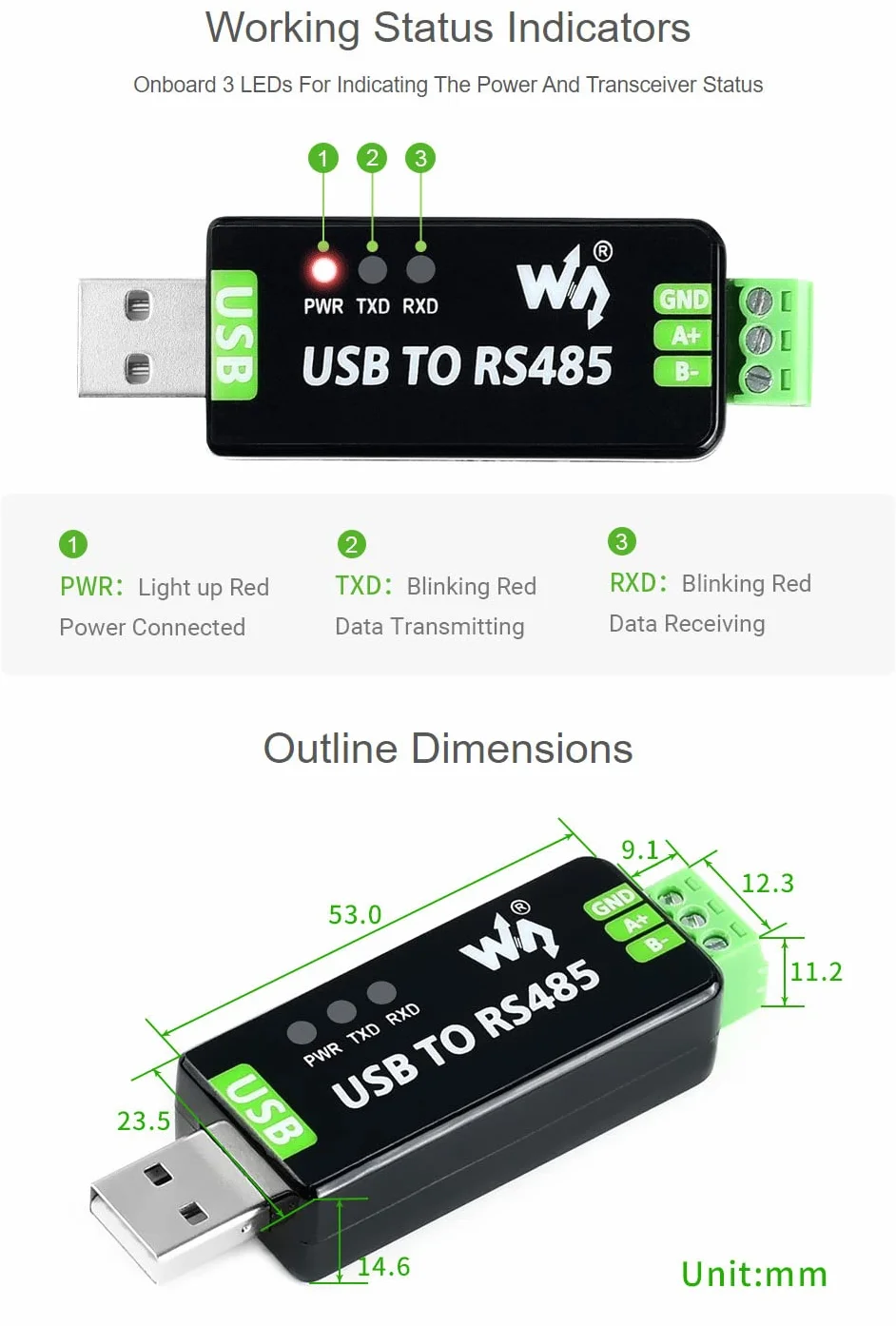 Waveshare Industrial USB to RS485 Converter with Original FT232RL Automatic Transceiving Embedded Protection Circuits Such as Fuse ESD Protection and TVS Diode
