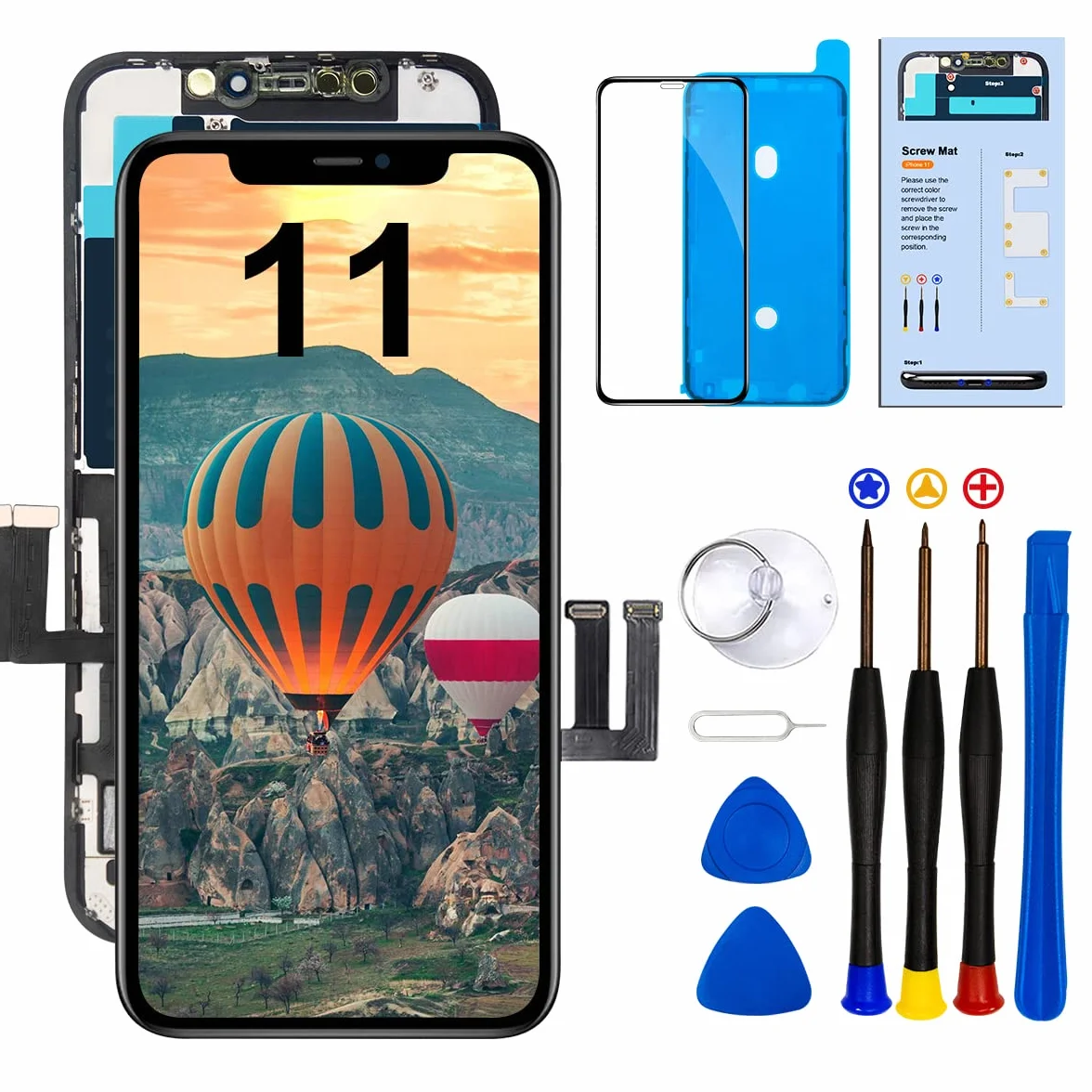 Dinow iPhone 11 wyświetlacz do iPhone 11, wyświetlacz 6,1", iPhone 11, iPhone 11, zestaw naprawczy z zestawem naprawczym, kompatybilny z modelami A2111, A2223, A2221