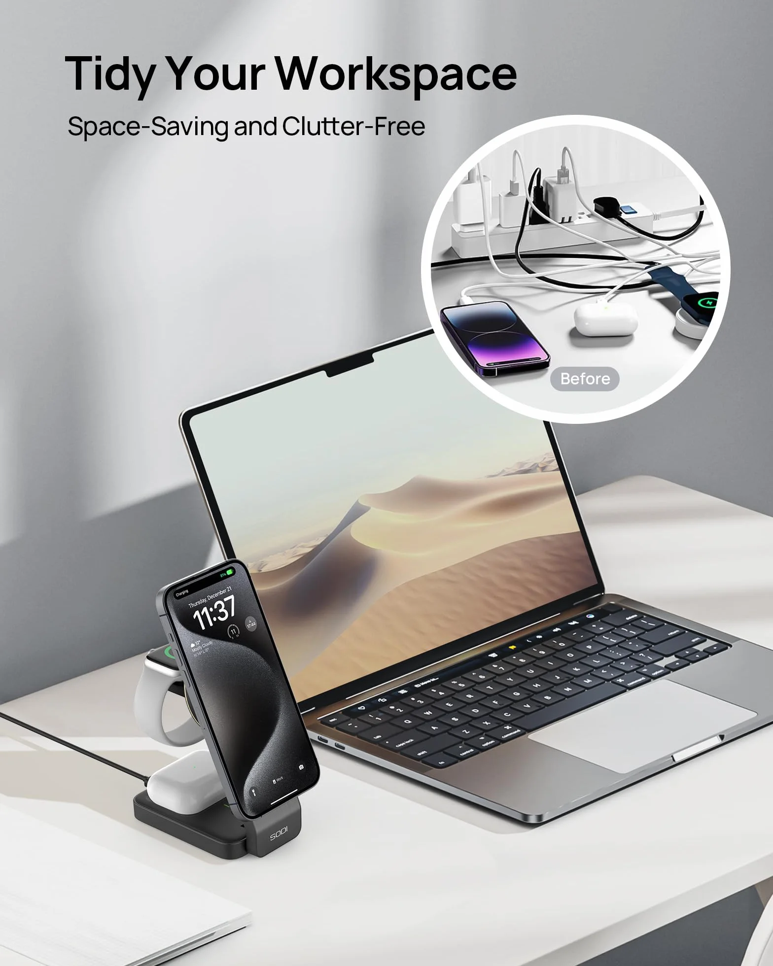 SODI Bezprzewodowa stacja ładująca 3 w 1 Qi2 15 W składana do iPhone 16/15/14/13/12 AirPods Apple Watch