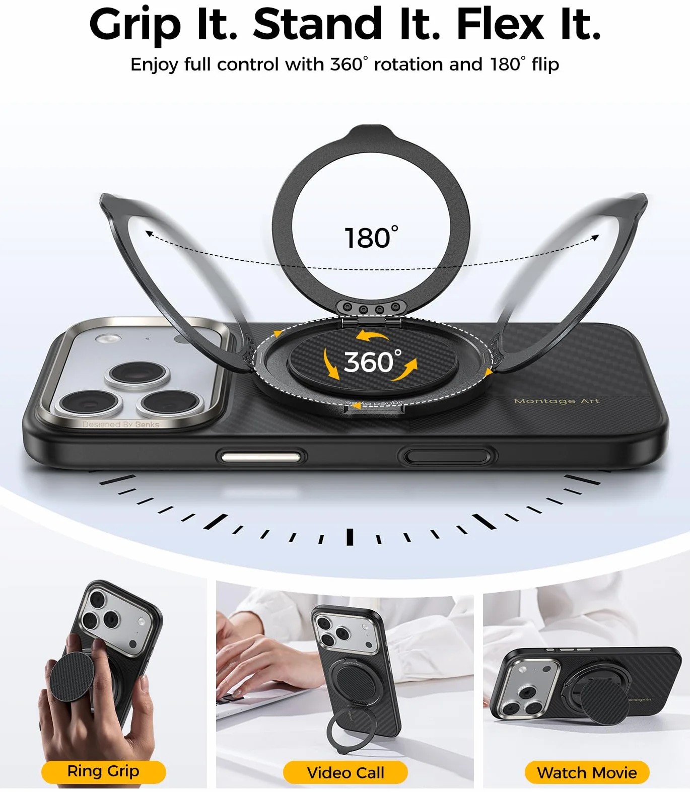 BENKS Magnetyczny pierścień do telefonu MagSafe 2 w 1 uchwyt obrót 360° Kevlar pasek do iPhone 17/16/15/14/13 Pro Max czarny