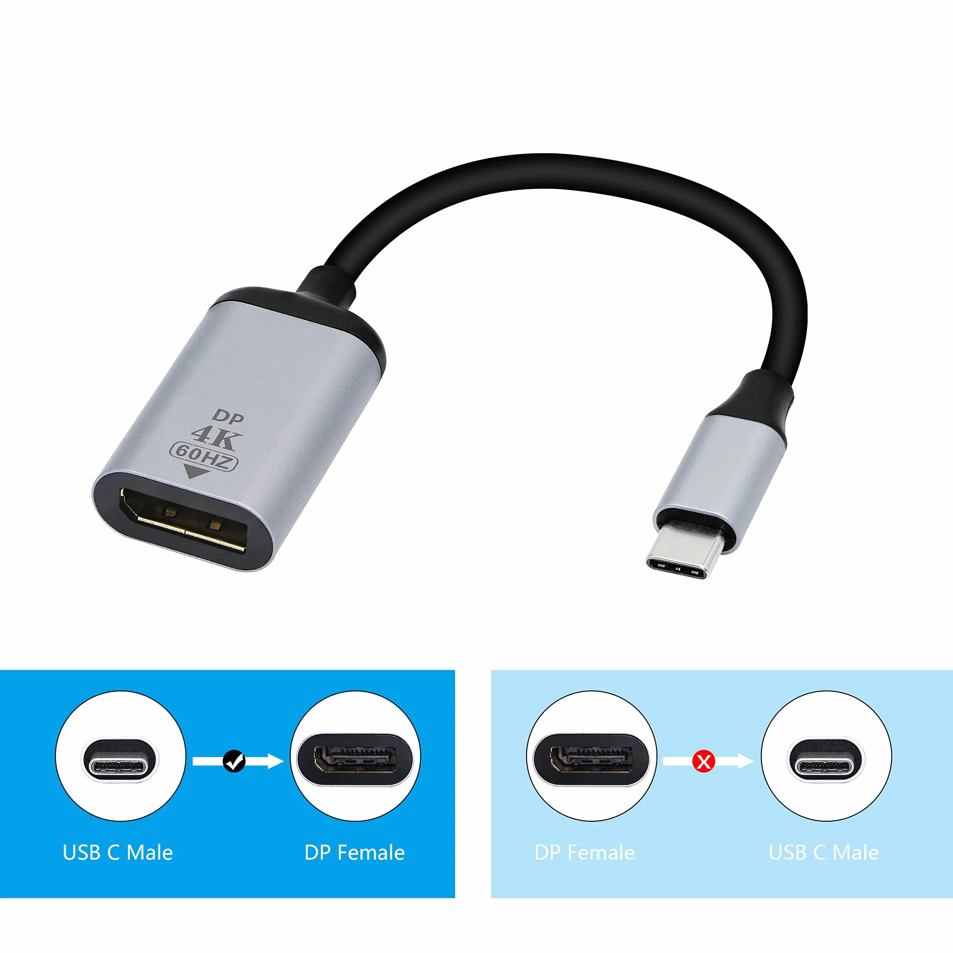 CERRXIAN Adapter typu C na Displayport, 4K przy 60 Hz USB C męski na DP żeński kabel konwertera HD do telewizora, monitora, projektora itp