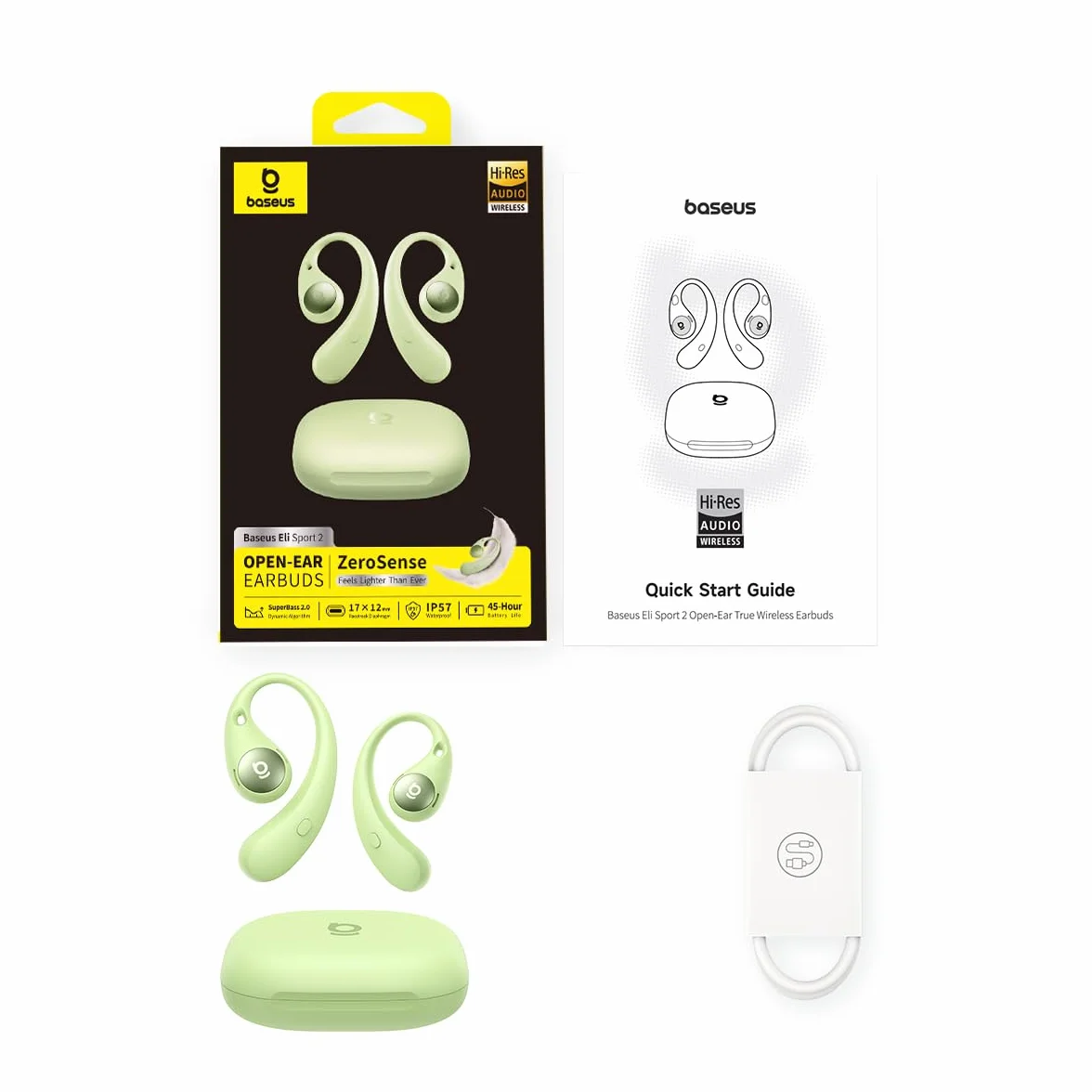 Baseus Eli Sport2 Open Ear słuchawki douszne, słuchawki sportowe, z krzywą komfortu S, 45 h Playtime, SuperBass 2.0, IPX7, Bluetooth 6.0, 4-Mic KI, słuchawki sportowe do biegania