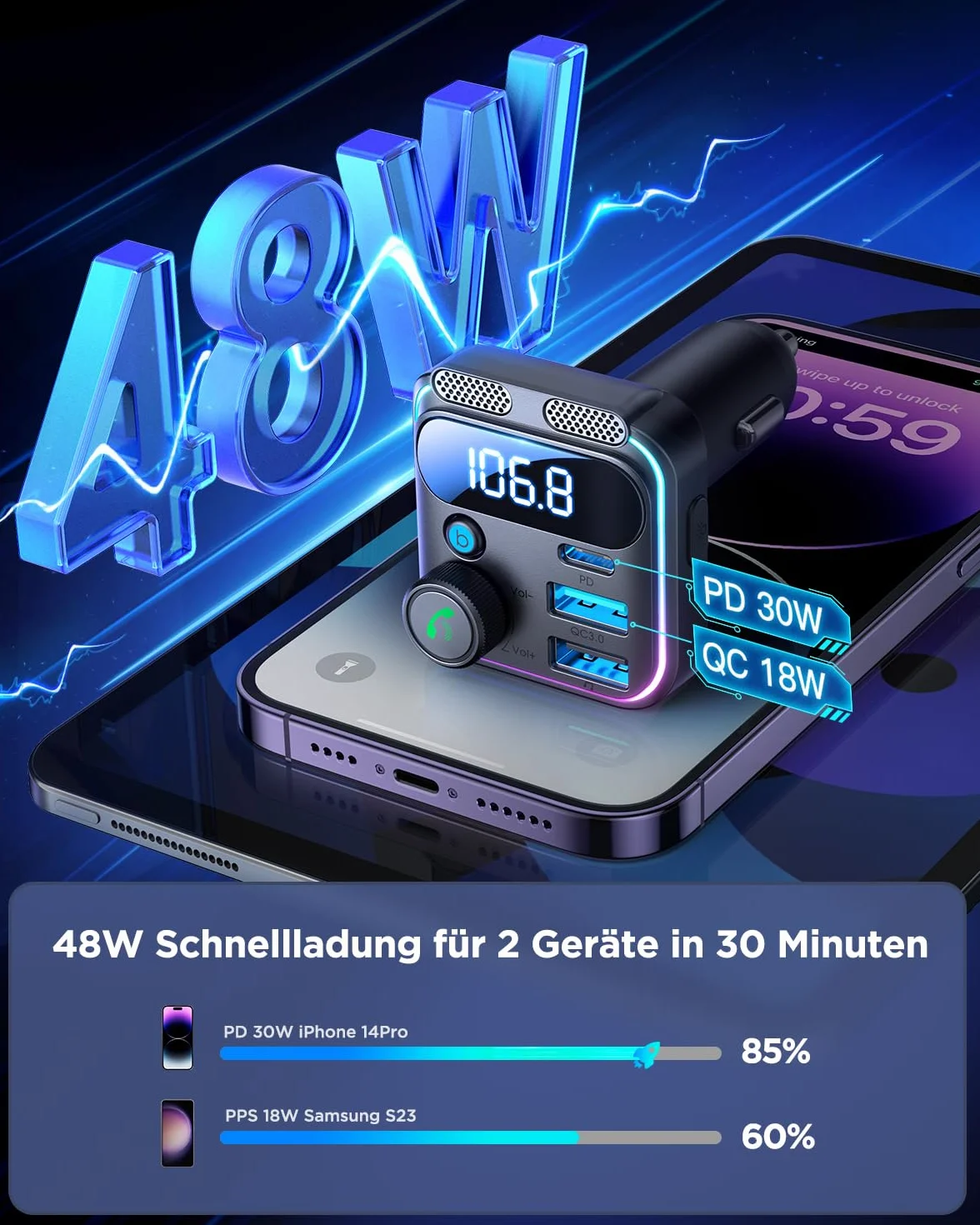JOYROOM Samochodowy nadajnik FM Bluetooth 5.4 81 W, stereo basowe i HiFi: 【45 W PD i 36 W QC 3.0】 Samochodowy adapter Bluetooth, zestaw głośnomówiący i podwójny mikrofon, Bluetooth i dysk U