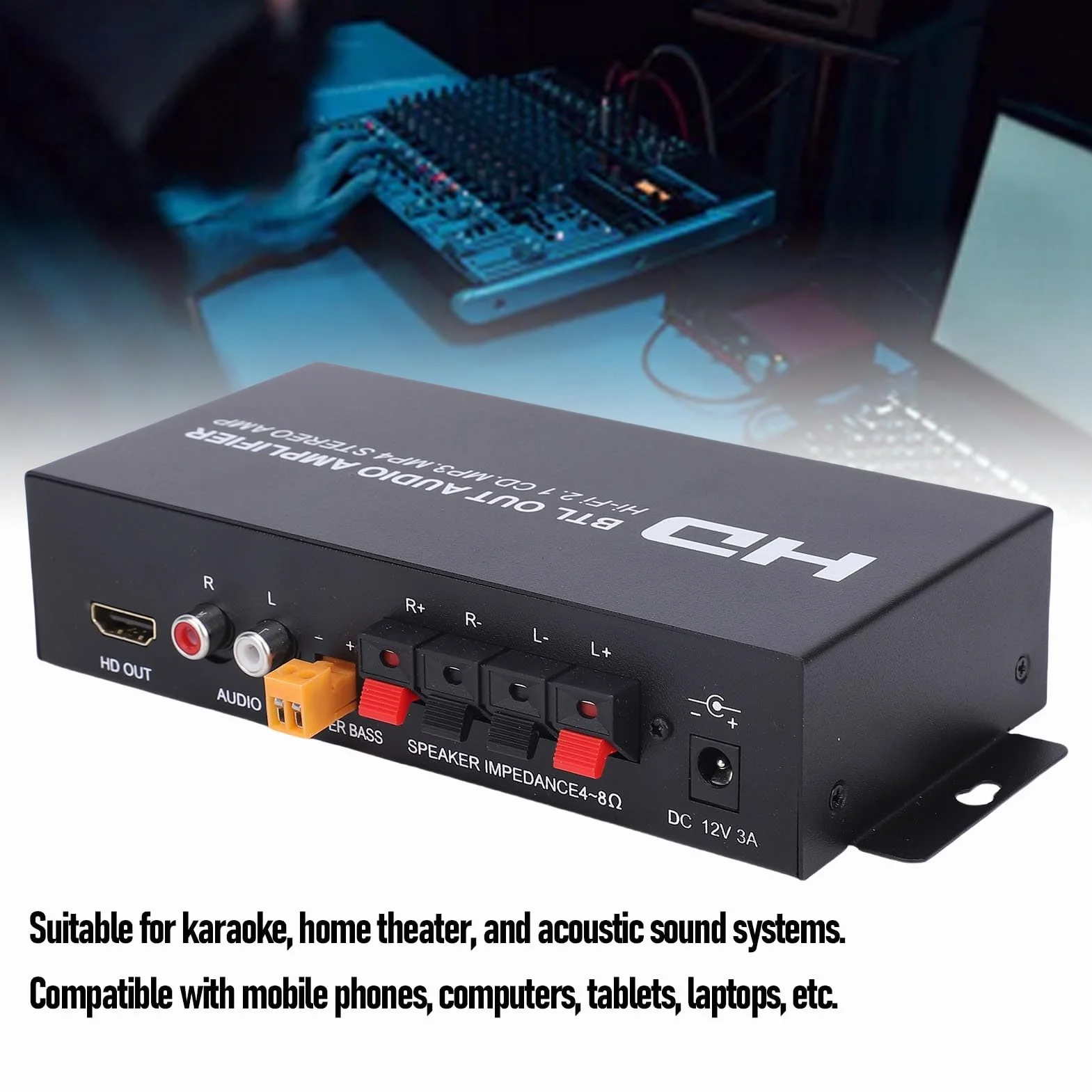 Annadue Stereofoniczny Wzmacniacz Mocy, 2.1-kanałowy 240 W Bluetooth 5.0 HiFi Audio, Wejście HDMI AUX, Regulacja Tonów Niskich, Subwoofer do Głośników Kina Domowego, Przenośny Stop (wtyczka UE)