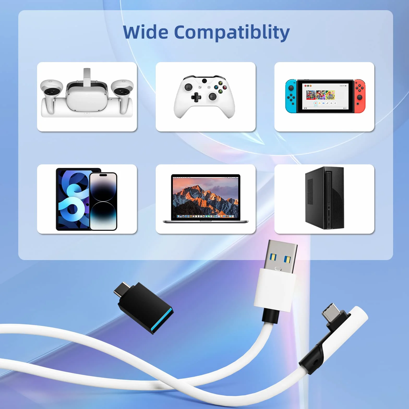 Kabel Link 5 m kompatybilny z Meta Quest 3/Quest 2/Pro, PICO4/Pro, kabel PC z transmisją danych 5 Gb/s, kabel USB 3.0 na typ do zestawu słuchawkowego VR i komputera gamingowego