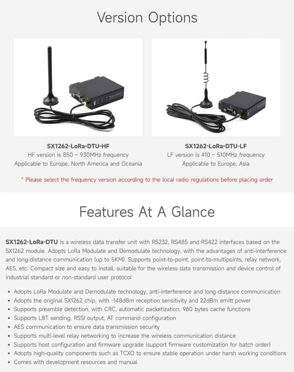 Waveshare Rail-Mount SX1262 LoRa Data Transfer Unit, RS232/RS485/RS422 to LoRa, Suit for Sub-GH, HF version, Applicable to Europe/North America/Oceania