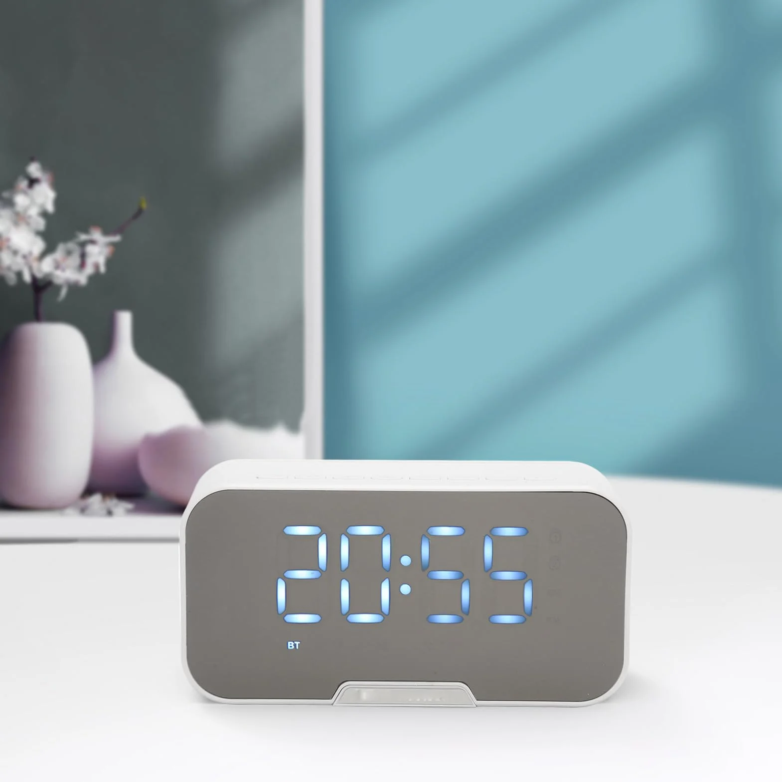 Głośnik Bluetooth z Cyfrowym Budzikiem, Wielofunkcyjny Głośnik z Lustrzanym Budzikiem i Radiem FM do Biura w Sypialni, Obsługa Radia FM z Wyświetlaczem Temperatury (Biały)