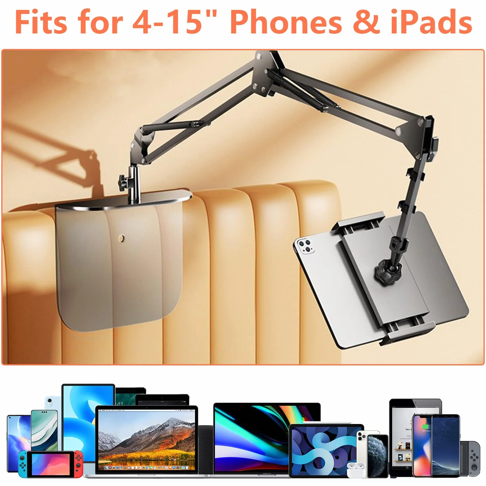 Uchwyt na tablet do łóżka, uniwersalny stojak na telefon i iPad ze stopu z podstawą bez zacisków, wytrzymałe, regulowane metalowe ramię z obrotem o 360°, do urządzeń 4-15 cali