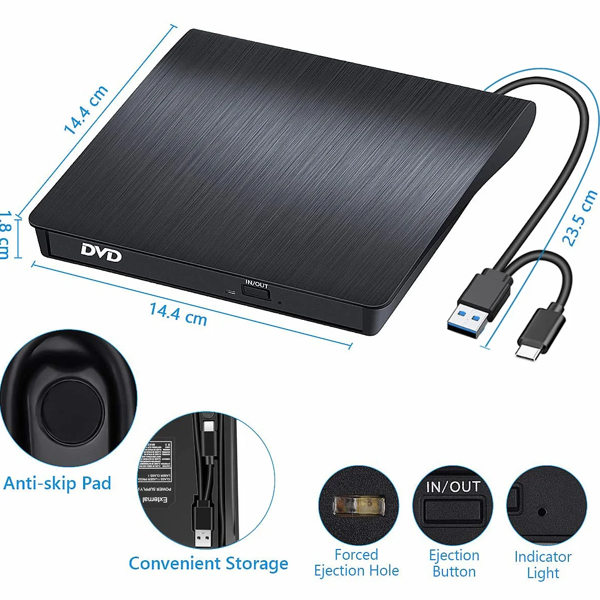 BEVA Zewnętrzny odtwarzacz CD/DVD USB 3.0 i typu C przenośny napęd CD-R/-RW, przenośny odtwarzacz do komputerów PC, laptopów, komputerów stacjonarnych, Windows 7/8/10/11/XP/Vista/Linux i Mac OS