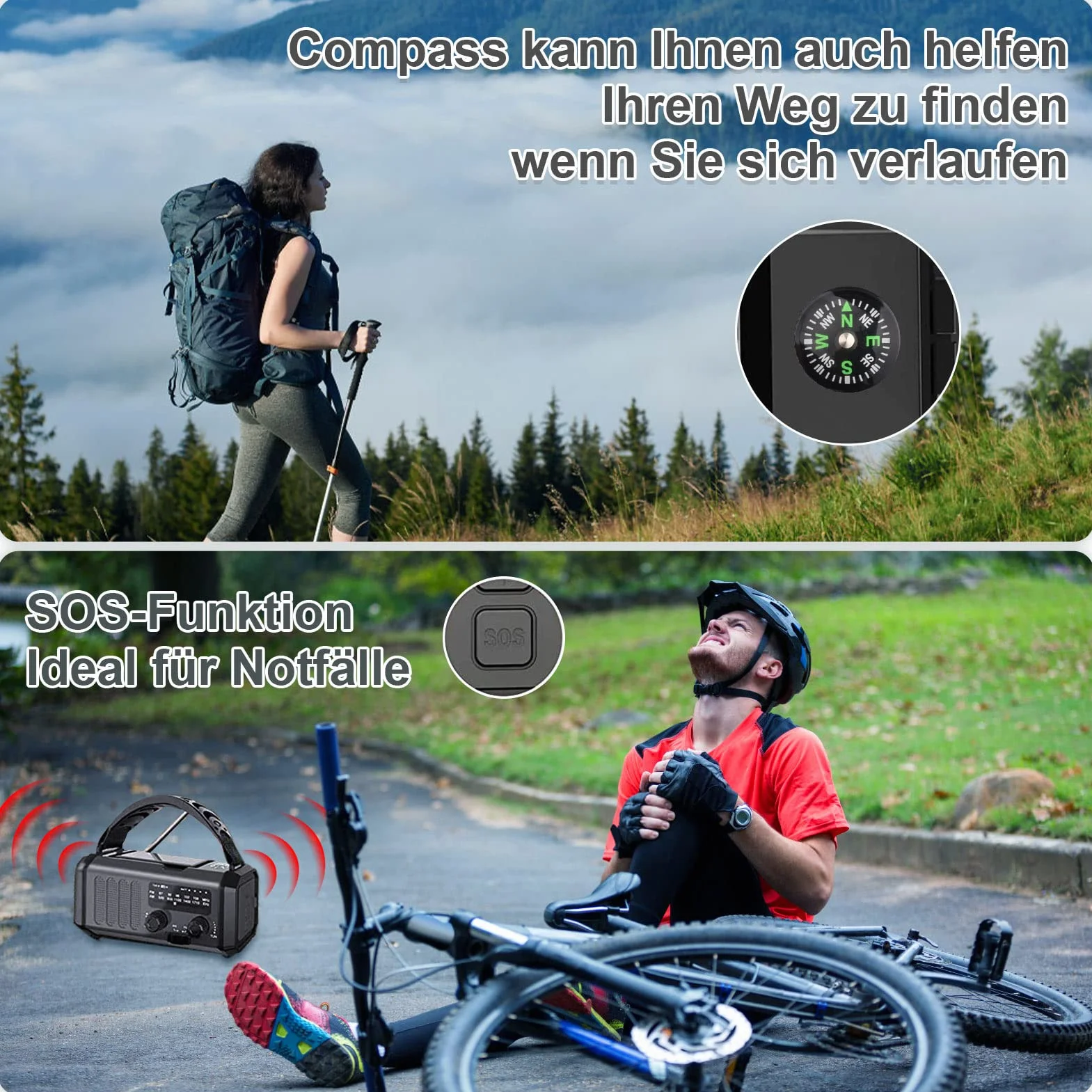 Radio Korbowe 20000mAh Akumulator Ładowalne AM/FM Przenośne Solarne Dynamo Latarka LED Alarm SOS Kompas Czarny