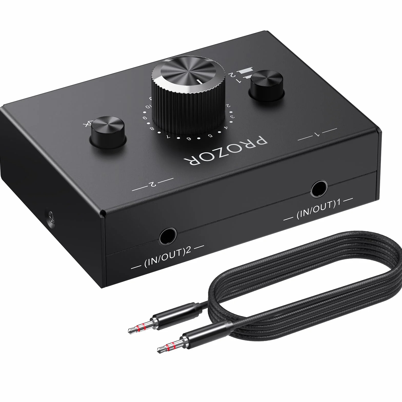 PROZOR Dwukierunkowy przełącznik audio, 3,5 mm, przełącznik audio, 2 (1) IN-1(2) Out z regulacją głośności, kabel 3,5 mm do komputera, telewizora, głośników