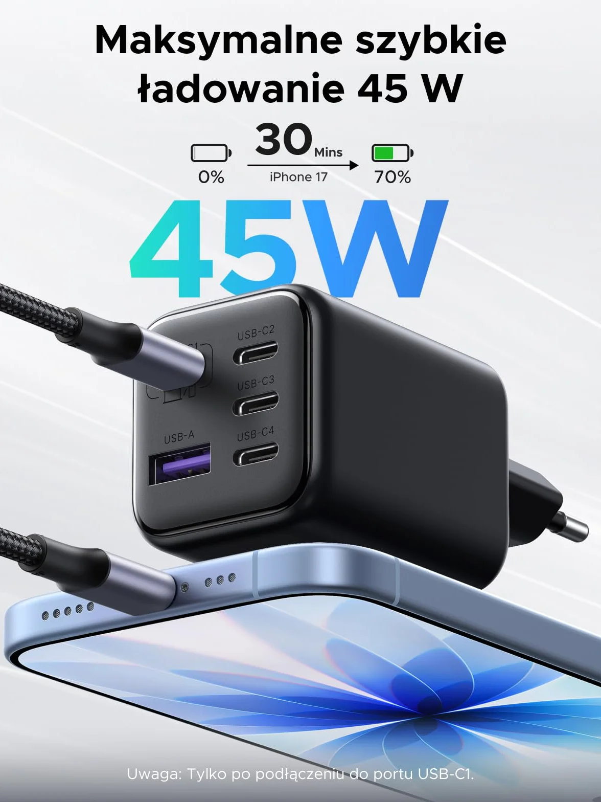 UGREEN Ładowarka USB C 45 W 5-portowa szybka ładowarka GaN Zasilacz PPS Adapter ładowarki PD Kompatybilna z Galaxy S25 Ultra, S24, iPhone 17 Pro Max, MacBook Air, iPad, Tab A8, Pixel 9