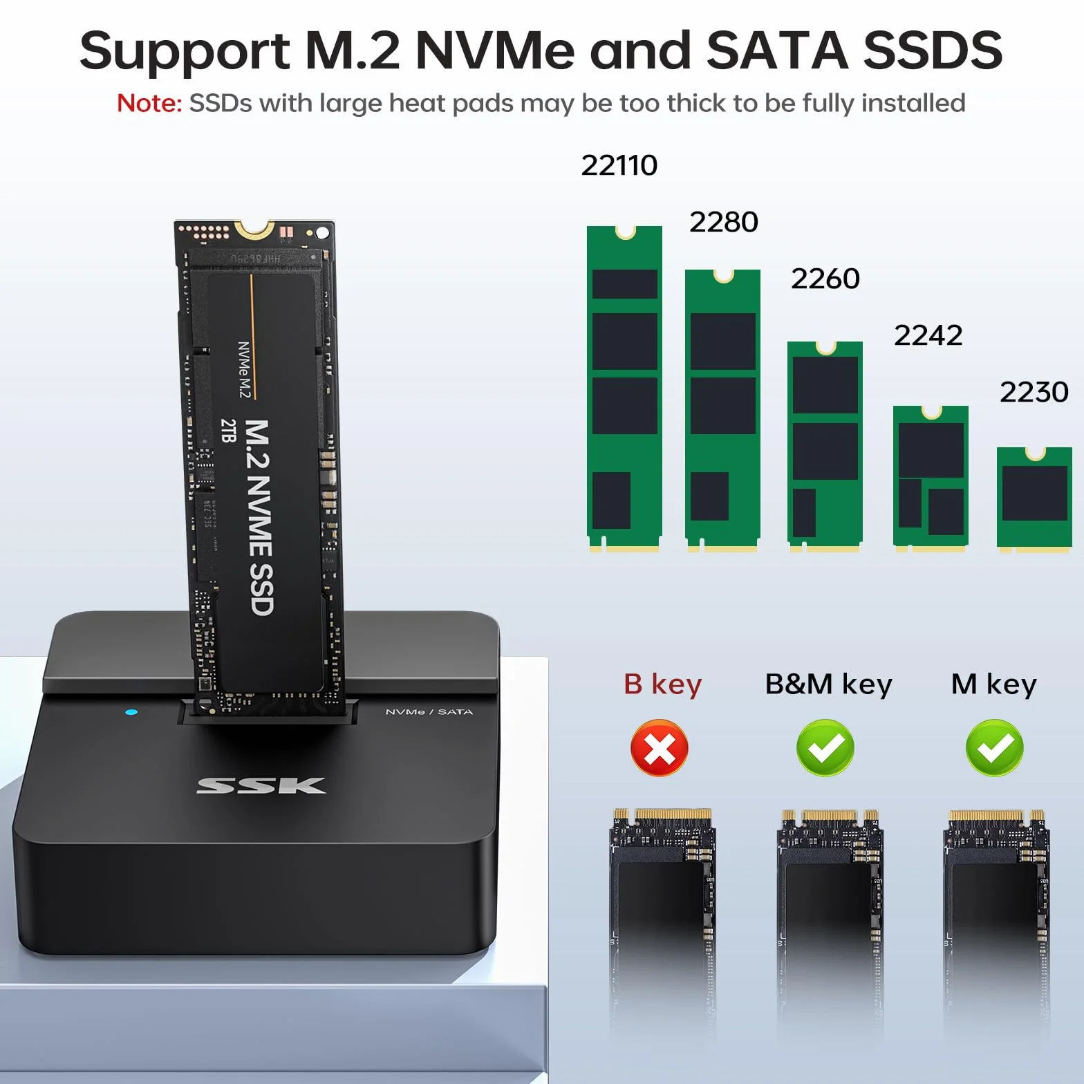 SSK Adapter M.2 NVMe i SATA SSD na USB, stacja dokująca M.2 10 Gb/s, obudowa SSD USB 3.2 Gen 2, czytnik M.2 do dysku SSD M/B+M w rozmiarze 22110/2230/2242/2260/2280