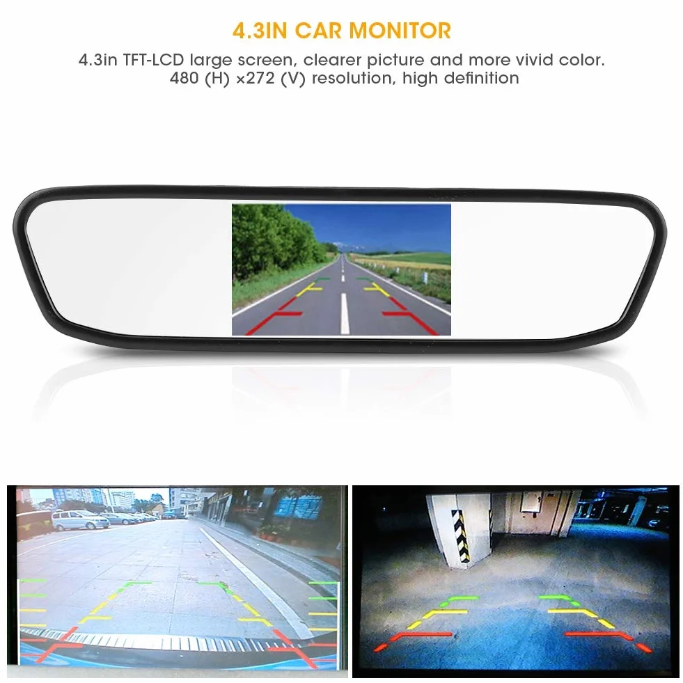 4,3-calowy Monitor HD TFT-LCD w Lusterku Wstecznym, Ekran Monitora Samochodowego 480 H X 272 V, Kamera Cofania w Lusterku Wstecznym Samochodu, 12 V, 2 Kanały Wejścia Wideo