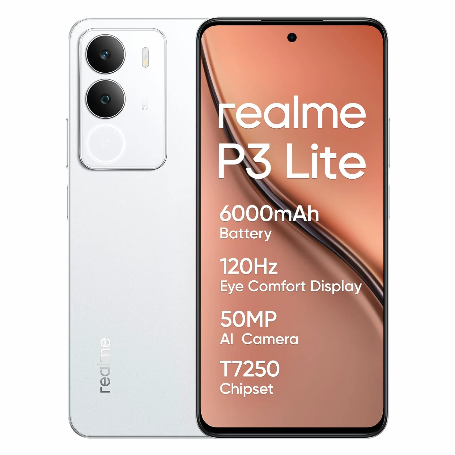 realme P3 Lite Smartfon, biały, 8 + 256 GB, wyświetlacz Eye Comfort 120 Hz, bateria 6000 mAh, chipset T7250, aparat AI 50 MP, ładowanie 15 W (bez adaptera)