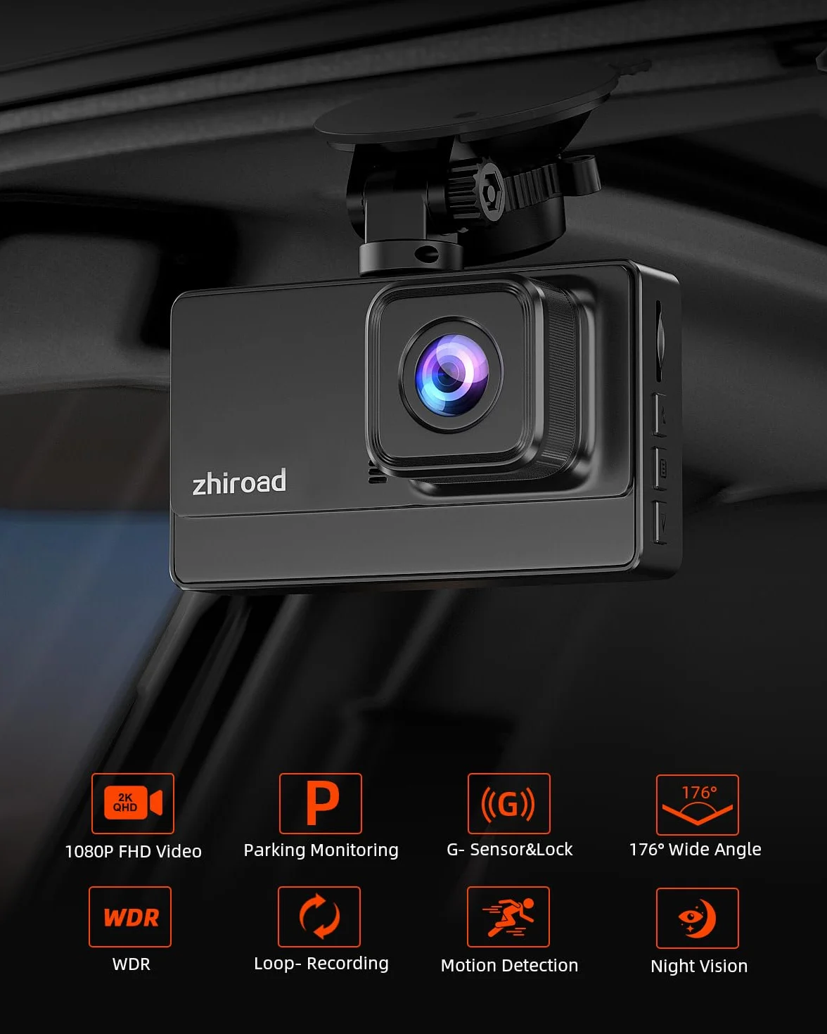 Rejestrator Jazdy Zhiroad Full HD 1080P, Dashcam z Karta SD 32 GB, Kamera Samochodowa z 3-cali Ekran IPS, Widok 176°, Wizja Nocna, Nagrywanie Pętli, Tryb Parkowania 24h, Czujnik Grawitacyjny, WDR