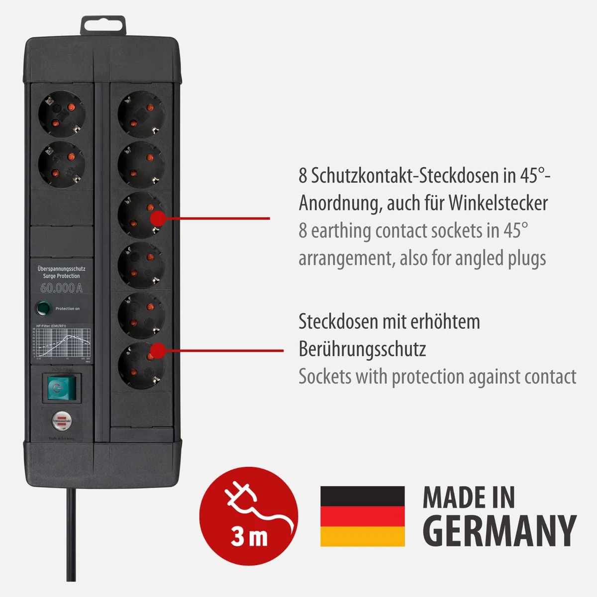Brennenstuhl Listwa zasilająca Premium-Line, 8 gniazd, z zabezpieczeniem przeciwprzepięciowym (3 m, z przełącznikiem, Made in Germany), czarna