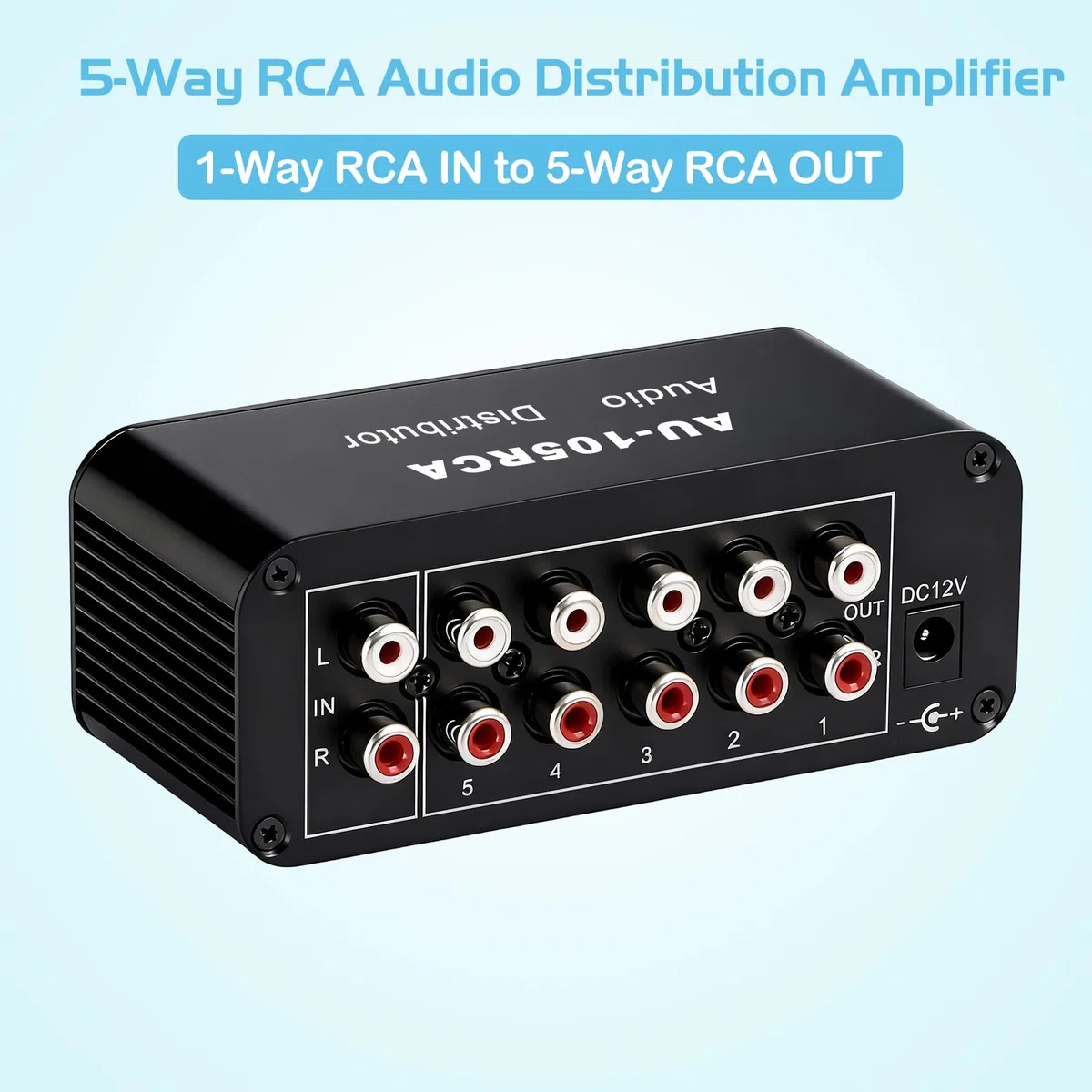 5-drożny rozdzielacz audio stereo RCA, 1 w 5 wyjściach, wzmacniacz dystrybucji audio, rozdzielacz sygnału RCA, do głośników, słuchawek, wzmacniaczy, z regulacją głośności, wzmocnienie 6dB