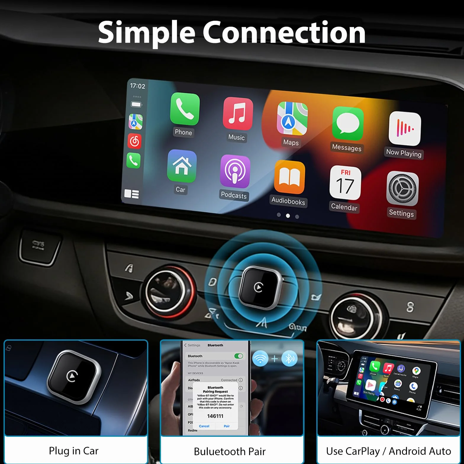 Sunweyer Bezprzewodowy adapter CarPlay i bezprzewodowy adapter Android Auto UK, do Apple CarPlay, USB Bluetooth Dongle dla iPhone'a i Androida