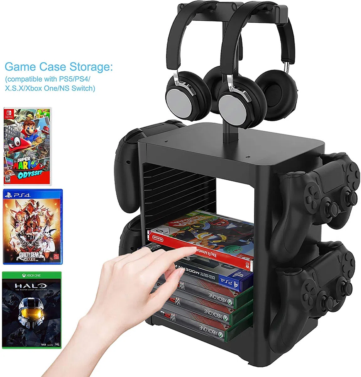 PS5 wielofunkcyjny uchwyt do przechowywania dysków do gier, konsoli PS5, stojak na dysk do gier i kontroler, stojak na słuchawki, kompatybilny z Xbox Series X/Nintendo Switch/ PS4, czarny