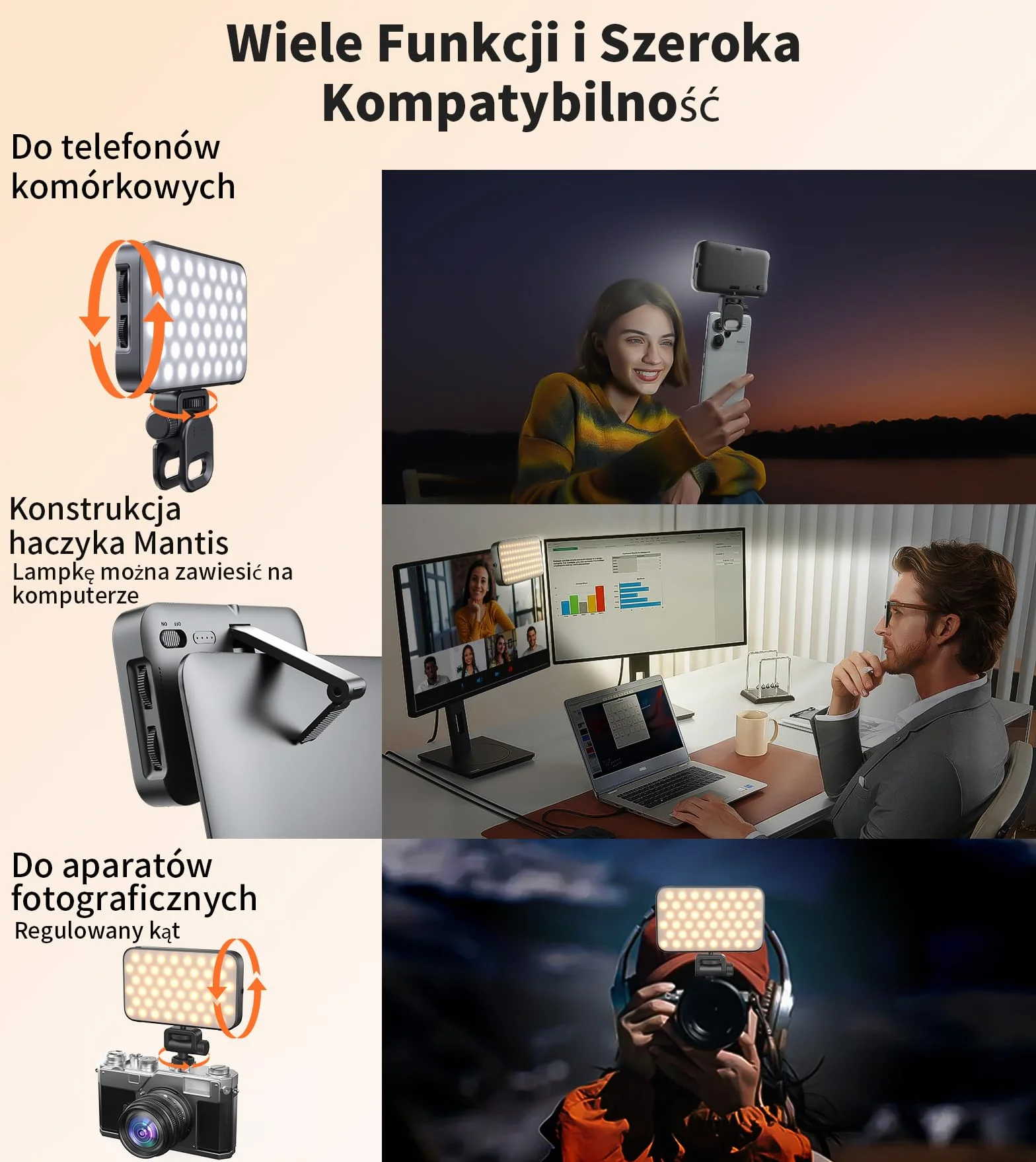TONEOF Ulepszone światło do telefonu z miękką obudową i zintegrowaną podstawką, światłem aparatu, ładowalne światło do wideokonferencji o dużej jasności, przenośne światła do selfie