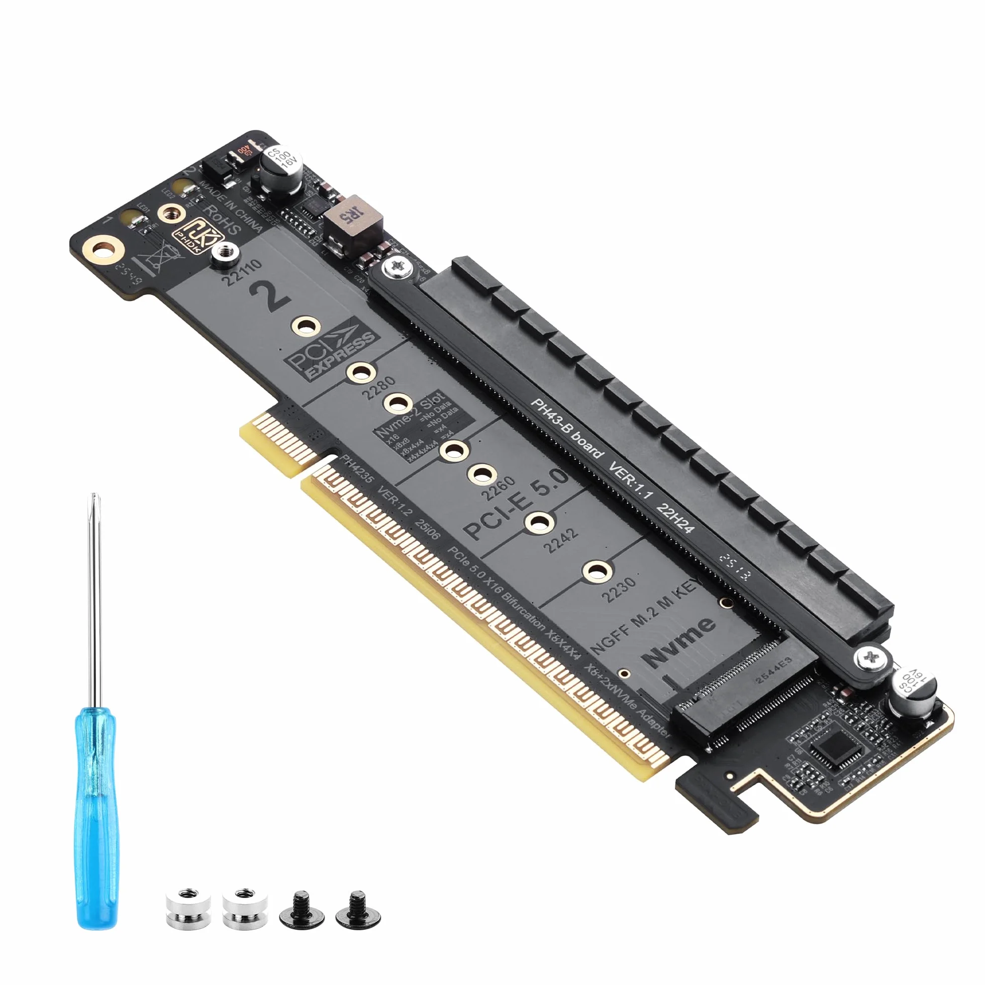SinLoon PCIe 5.0 X16 karta rozszerzająca, karta PCIe Bifurcation Riser, dzieli slot X16 na X8+X4+X4, obsługuje NVMe M.2 SSD i Low-Profile GPU, kompatybilna z dyskami 22110/2280, z diodami LED do C