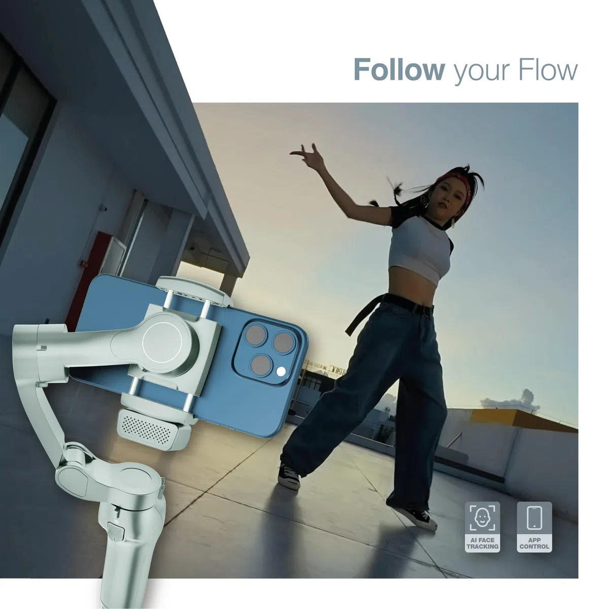 PORTENTUM 7 Pro Stabilizator smartfona z autonomicznym modułem sztucznej inteligencji - składany 3-osiowy uchwyt ze statywem - stabilizator iPhone i Android - opcjonalna aplikacja - TikTok vlog