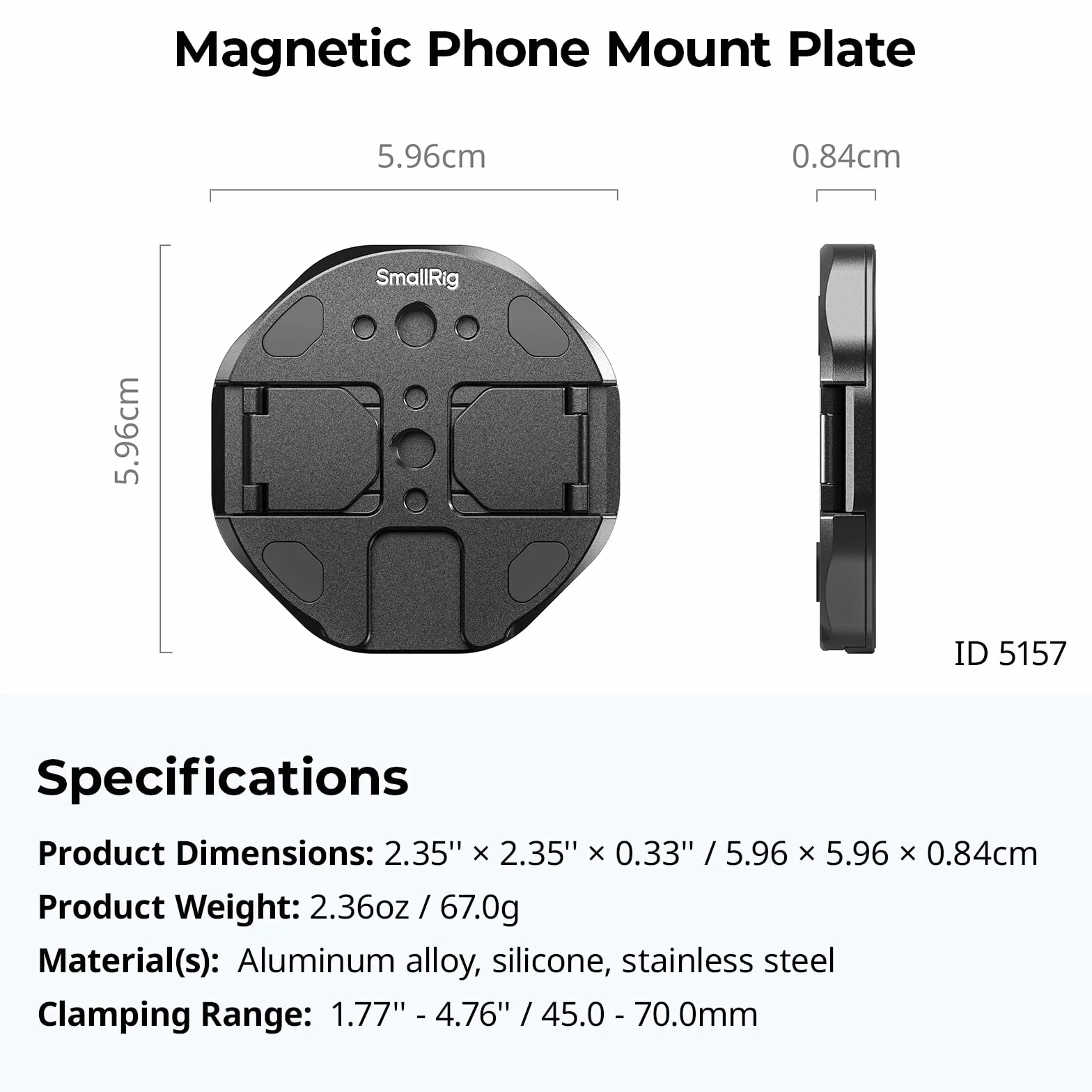 SMALLRIG Magnetyczny uchwyt do telefonu SSD z do Magsafe, 45-70 mm (1,77''-2,76''), szeroki zacisk, gwint 1/4"-20 i zimna stopka, do Samsung T3/T5, do SanDisk, do Crucial,do iPhone'a - 5157