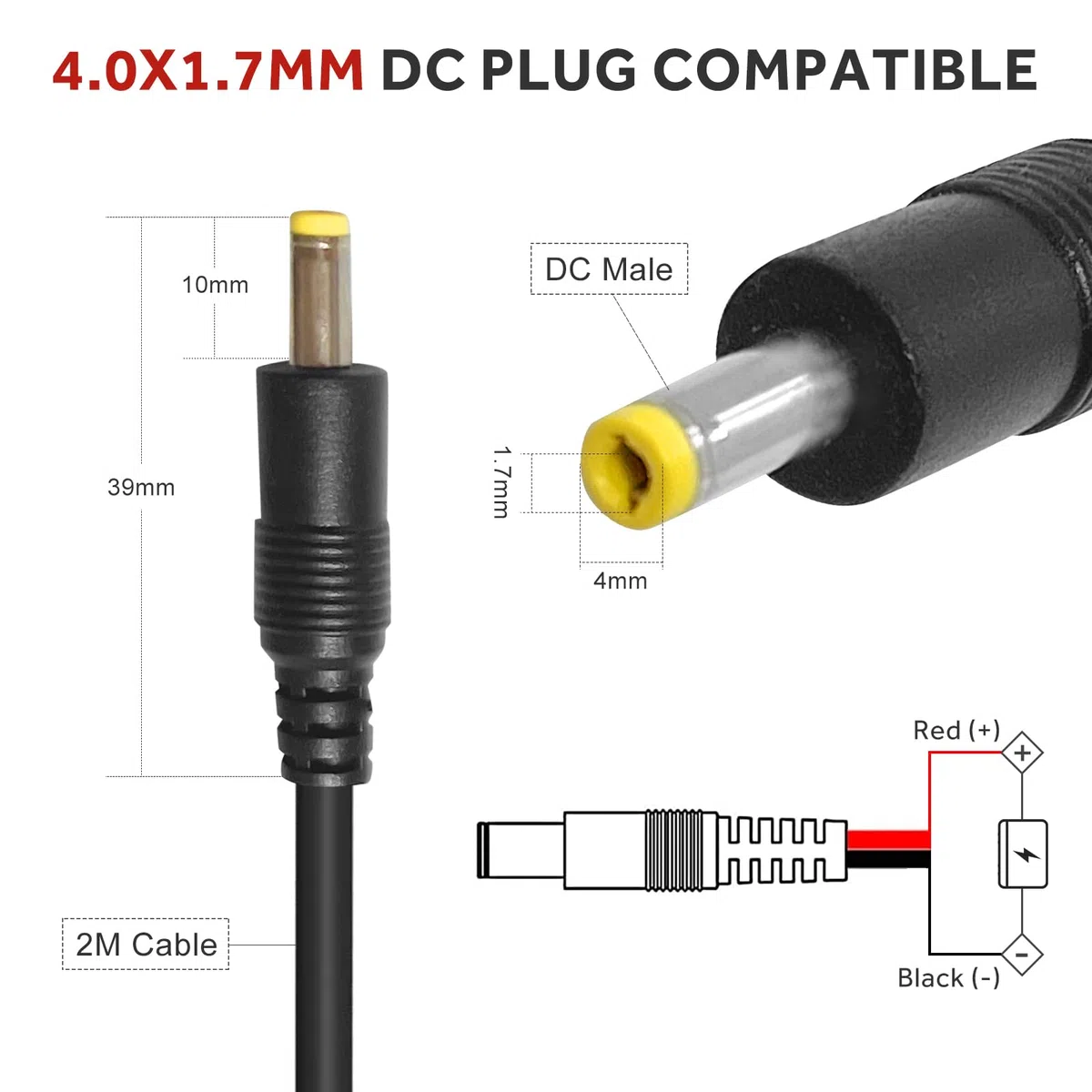 Kabel zasilający do kamery szlakowej 200 cm: wtyczka DC 4 x 1,7 mm, zewnętrzny przewód zasilający, kompatybilny z kamerami Tactacam Reveal X, XB, SK, Snyper itp