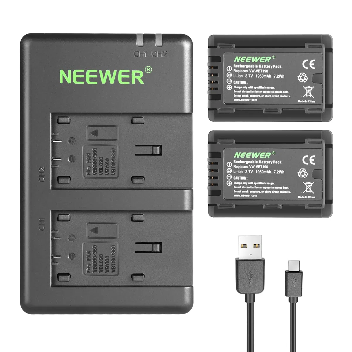 NEEWER Zapasowy zestaw akumulatorów i ładowarek do VW-VBT190, 2 baterie 1950 mAh i podwójna ładowarka USB, kompatybilny z Panasonic HC-V110 V130 V160 V180 HC-V201 V210 V250 HC-V380 HC-V510 V520 V550