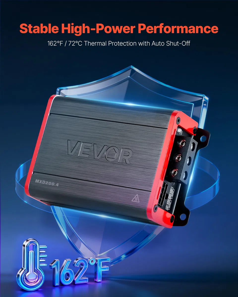 VEVOR Samochodowy wzmacniacz audio, 4-kanałowy, mostkowy wzmacniacz mocy do subwoofera, klasa D, pełny zakres maks. 4 x 120 W przy 4 omach/4 x 200 W poniżej 2 omów, wzmacniacz stereo do SUV, MPV