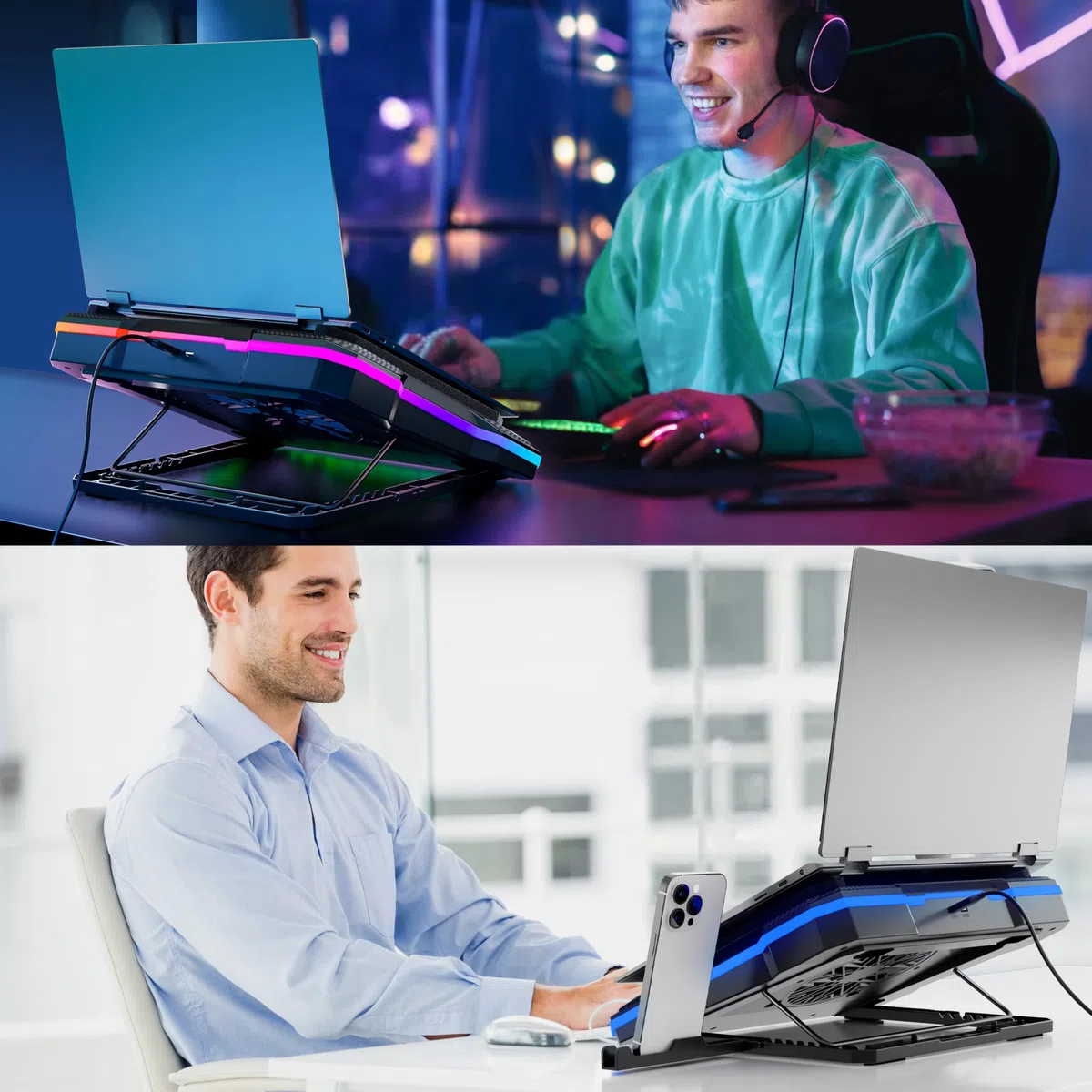 Poduszka chłodząca do laptopa, wydajny wentylator turbo RGB, notebook, wentylator chłodzący, stojak chłodzący z 8 regulacją wysokości i stojakiem na telefon, do laptopów o przekątnej ekranu 14