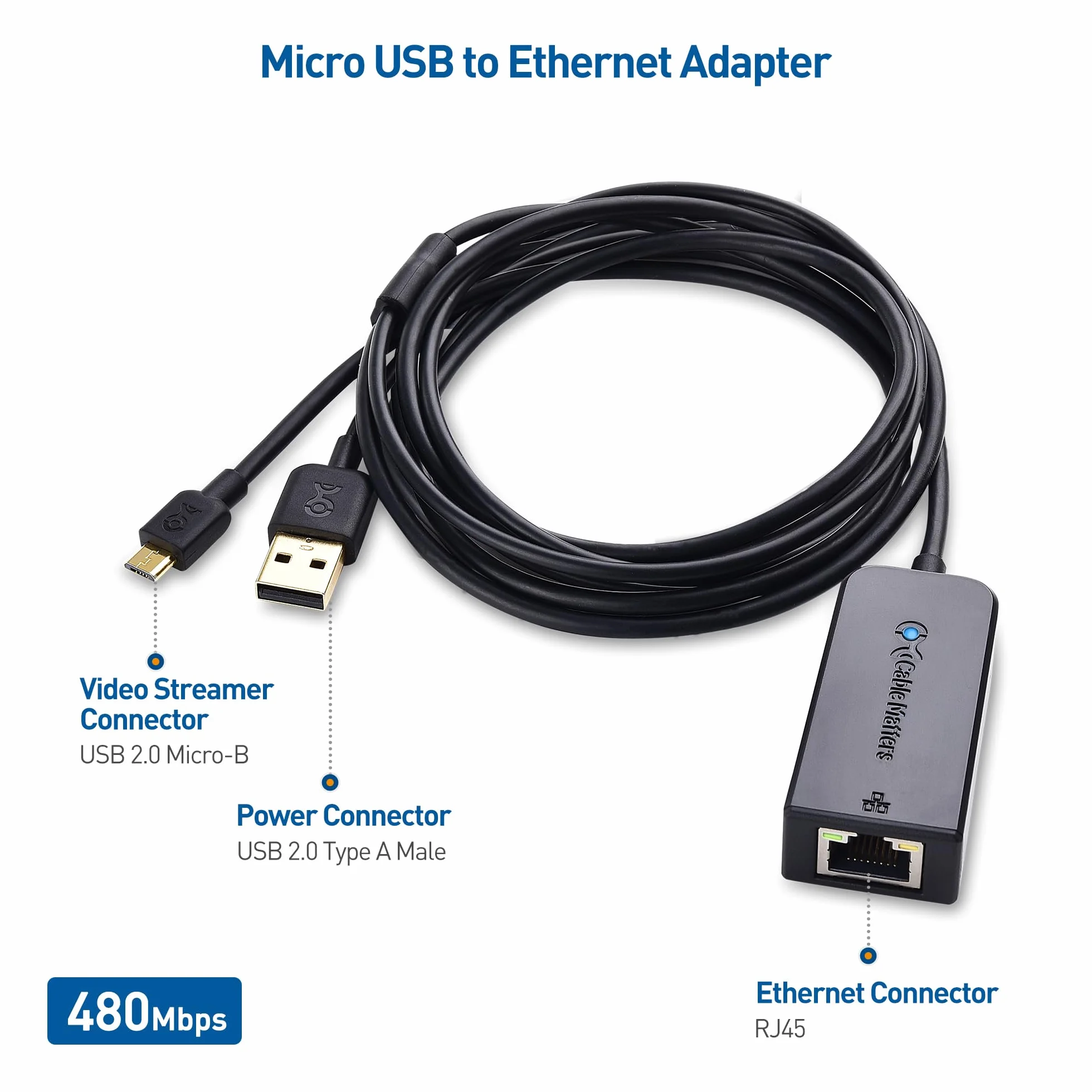 Cable Matters Adapter Micro USB do Ethernet do 480 Mb/s dla urządzeń do transmisji strumieniowej, w tym Chromecast, Google Home Mini i nie tylko - niezgodny z urządzeniem Roku