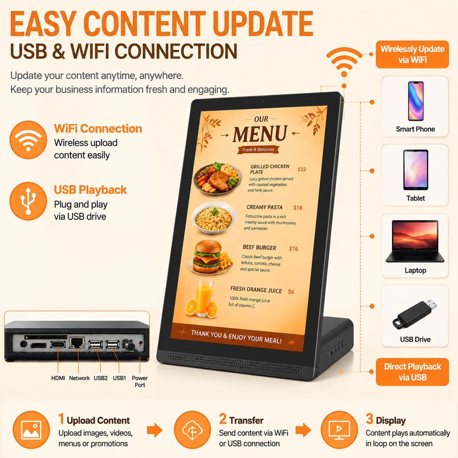 15,6-calowy ekran dotykowy do cyfrowej reklamy (Digital Signage) dla małych firm, cyfrowa tablica menu z Wi-Fi i USB, elektroniczny ekran reklamowy do restauracji, kawiarni i sklepu