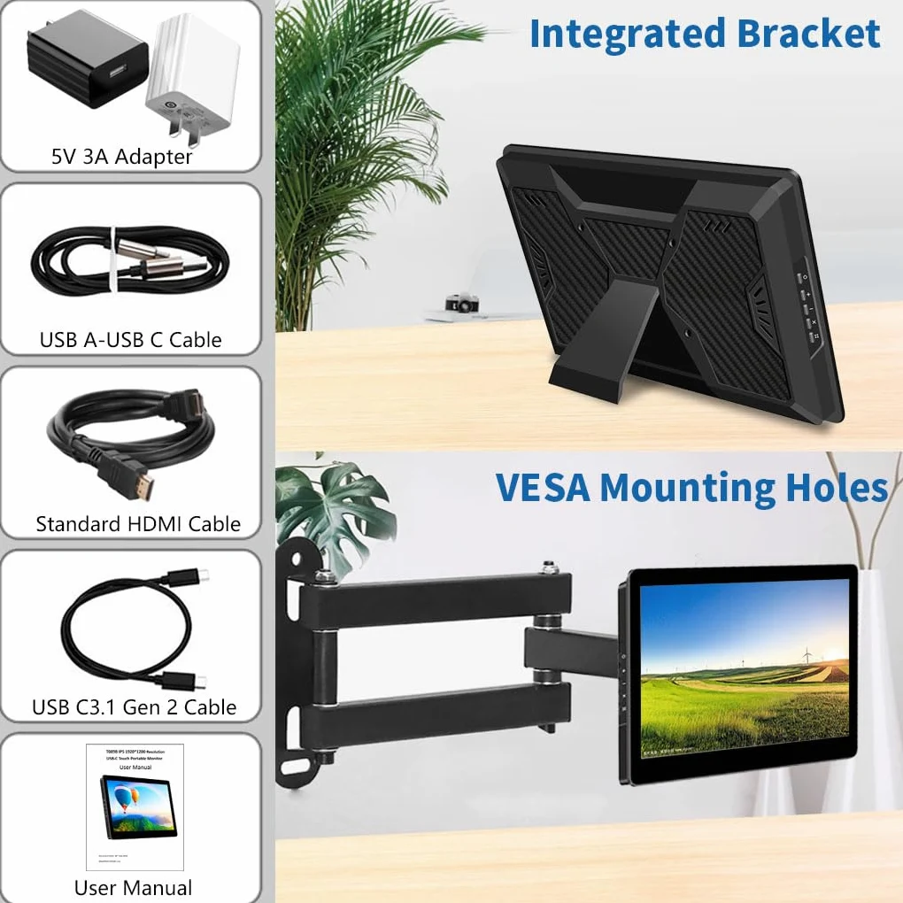 Monitor dotykowy 22.6 cm z podstawką, 1920 x 1200, 16:10, 450 Nits, wiązanie optyczne, port HDMI/USB-C, mały monitor do mini PC, laptopa, Mac mini