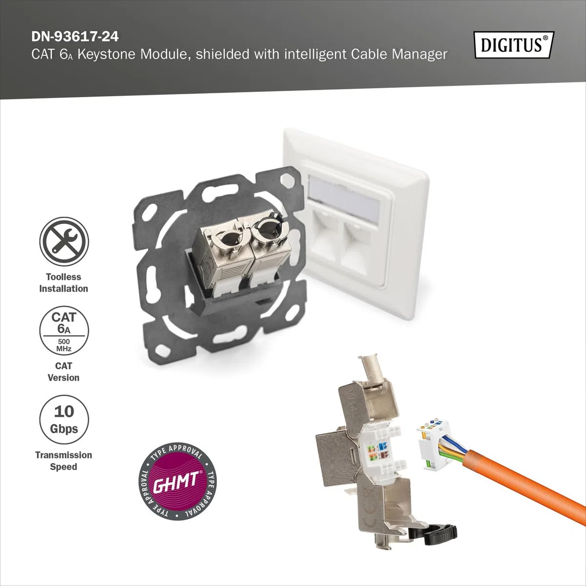 DIGITUS Moduł Keystone Cat-6A ekranowany - 24 sztuki - Gniazdo RJ45 - 500 MHz 10GBase-T - AWG 26-22 - Projektowalny - Z dźwignią blokującą - Montaż bez użycia narzędzi
