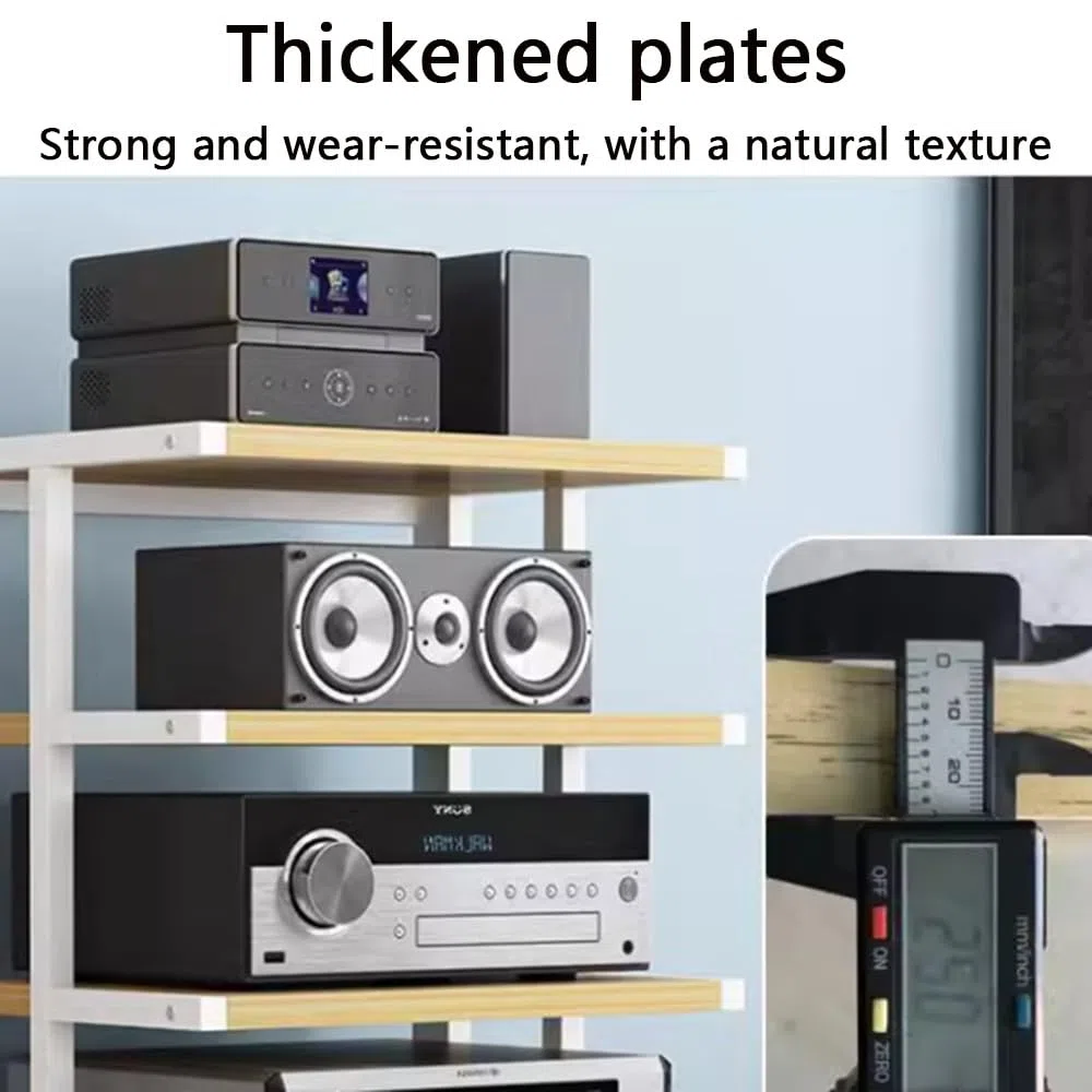 4-poziomowy stojak audio Hifi stojak z kołem hamulcowym, biały i orzech, narożny stojak na komponenty AV, otwarta półka wieżowa stereo audio wideo