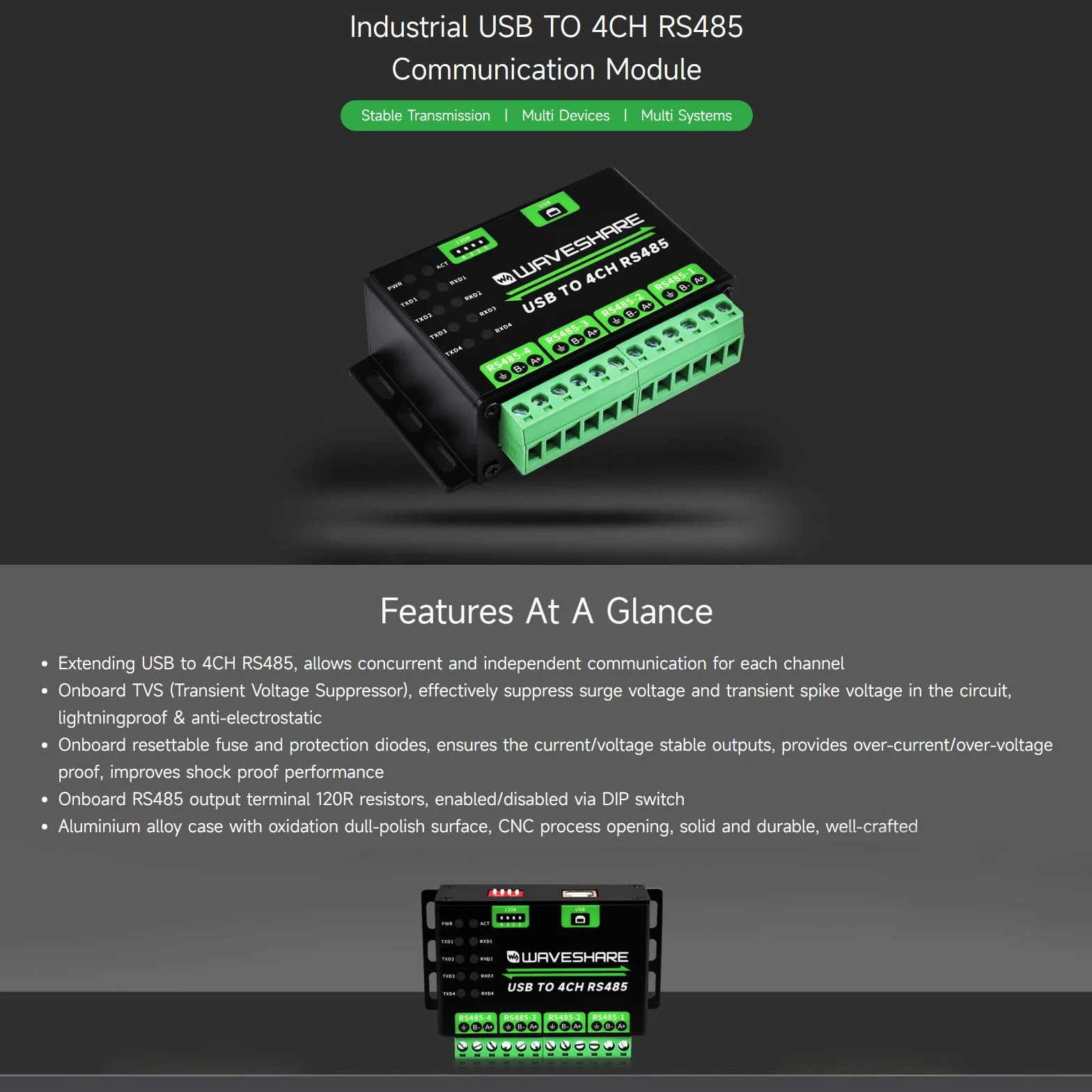 Waveshare Industrial USB TO 4Ch RS485 Converter, Multi Protection Circuits, Multi Systems Support, Aluminium Alloy Case, Wall-Mount and Rail-Mount Support