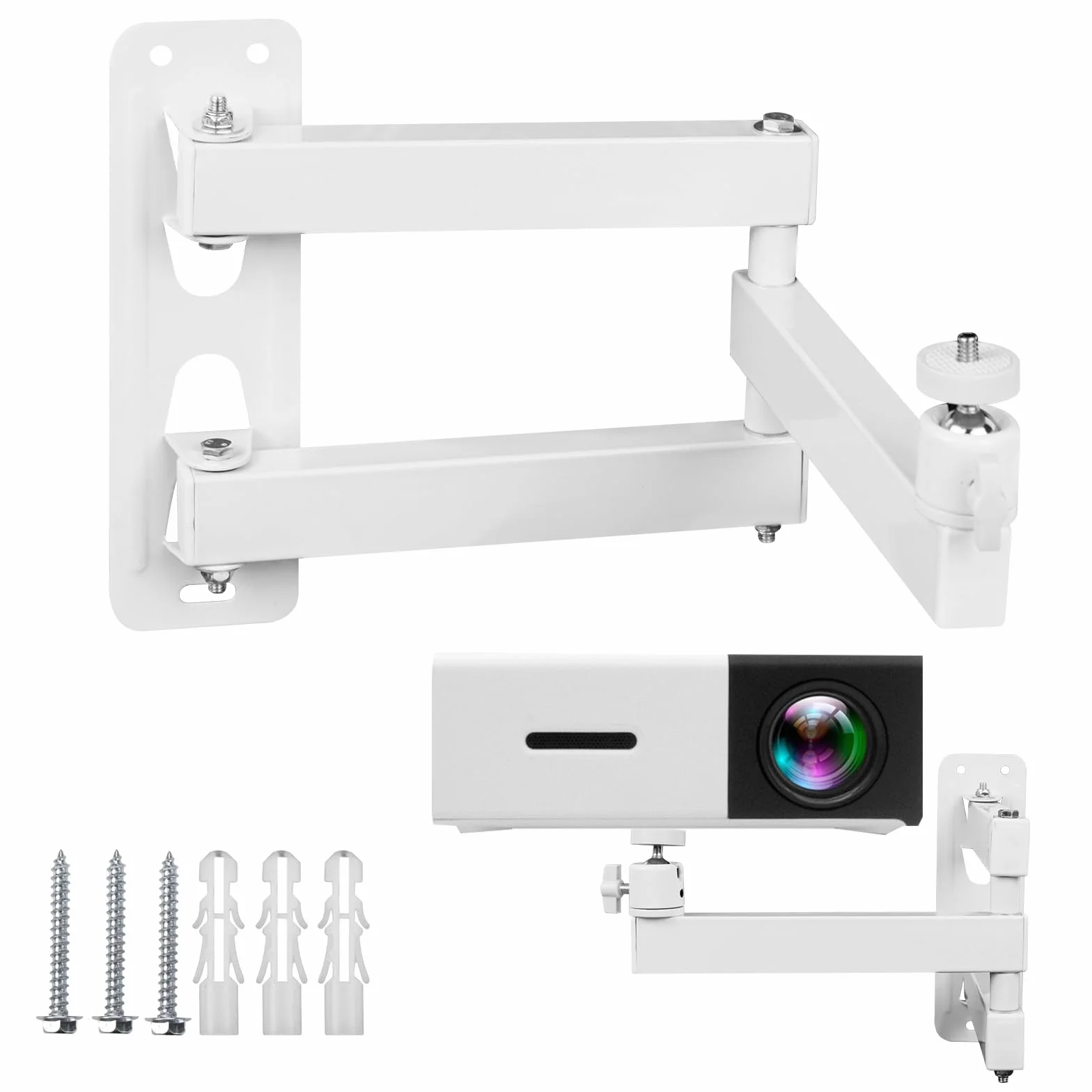 Uchwyt do projektora ściennego w kolorze białym, wielokątny metalowy wspornik, regulowany kąt, idealny do montażu projektora i monitora, z interfejsem śrubowym 1/4 cala i ramieniem przegubowym