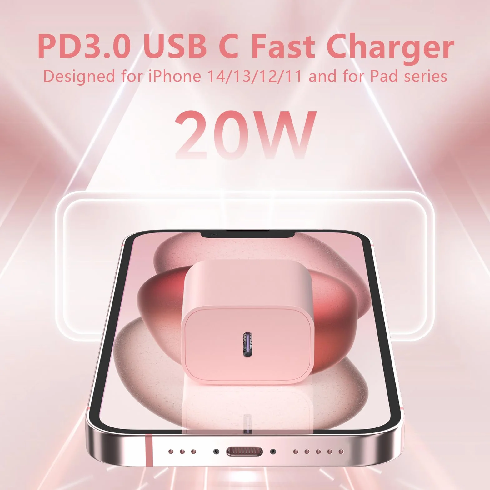 2Pack 20W USB C Ładowarka Phone 14 13, PD3.0 USB-C 20W Szybka Ladowarka i Lighting Kabel Ladowania 2m do Phone 14/14 Plus/14 Pro/14 Pro Max/13/12/11/Mini/SE/Pad - Różowy