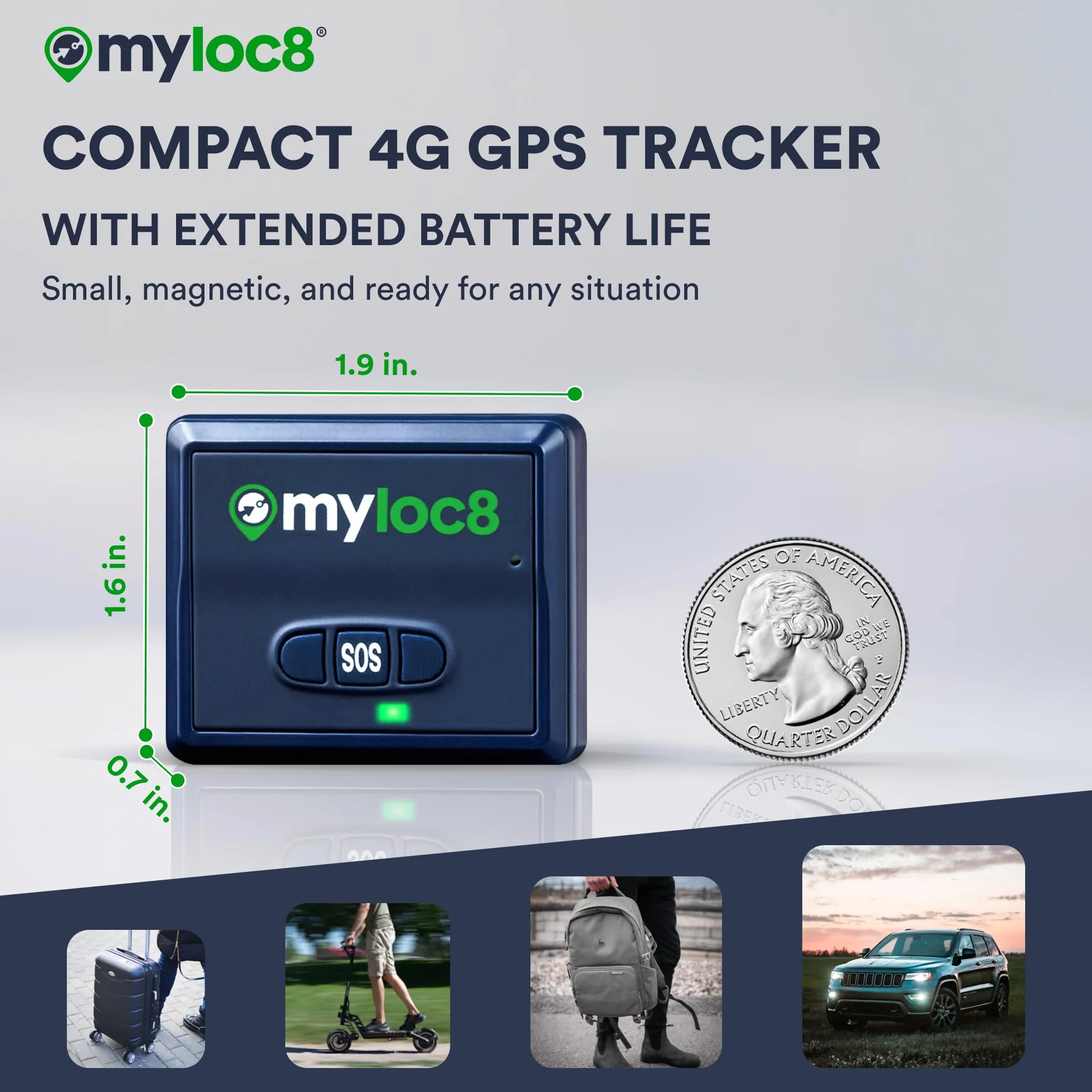 Myloc8 - Uniwersalny tracker GPS do pojazdów, dzieci i bagażu, samochód GPS tracker 4G LTE, aktualizacje w czasie rzeczywistym dla ciężarówek, przyczep, rowerów, ukrytych z