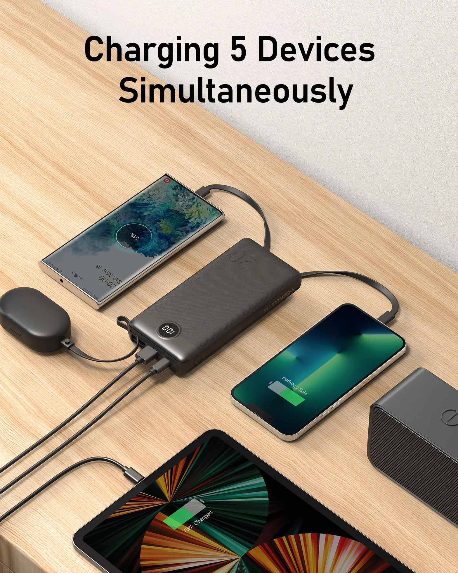 VEEKTOMX Power Bank 20000mAh Powerbank z wbudowanymi kablami przenośna ładowarka USB C bateria zewnętrzna z 5 wyjściami i 2 wejściami, kompatybilny z iPhone 16 Samsung Huawei Xiaomi (20000mAh-czarny)