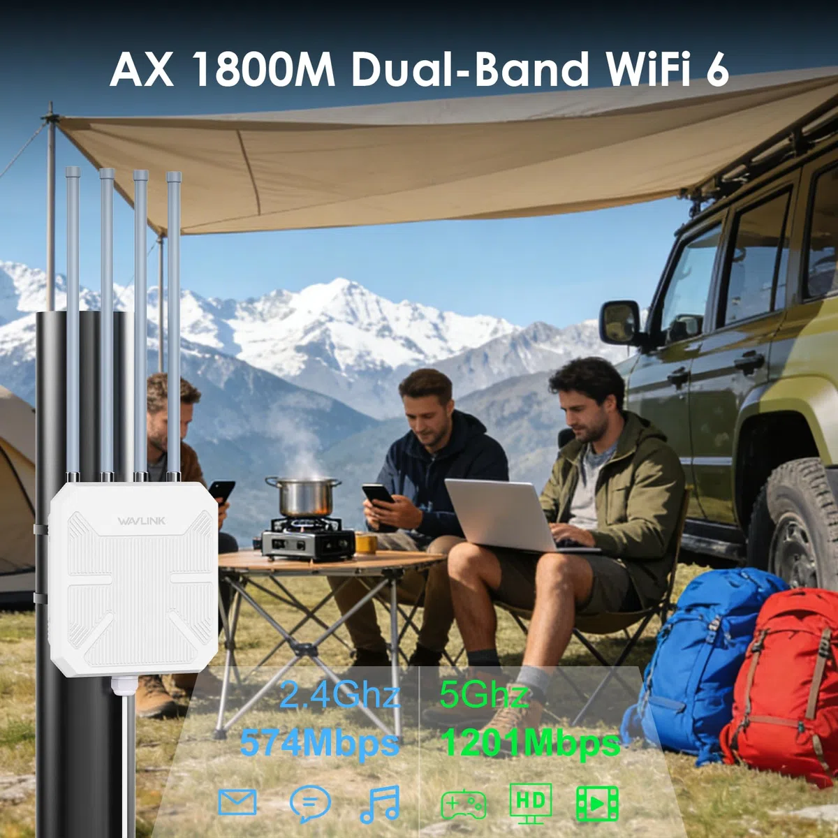 WAVLINK Zewnętrzny wzmacniacz WiFi 6 Mesh – 1800 Mbit/s Dual Band (2,4 G + 5G) Router zewnętrzny i punkt dostępowy z PoE, 4 x 8 dBi anteny o wysokiej wydajności, IP67 odporny na warunki atmosferyczne