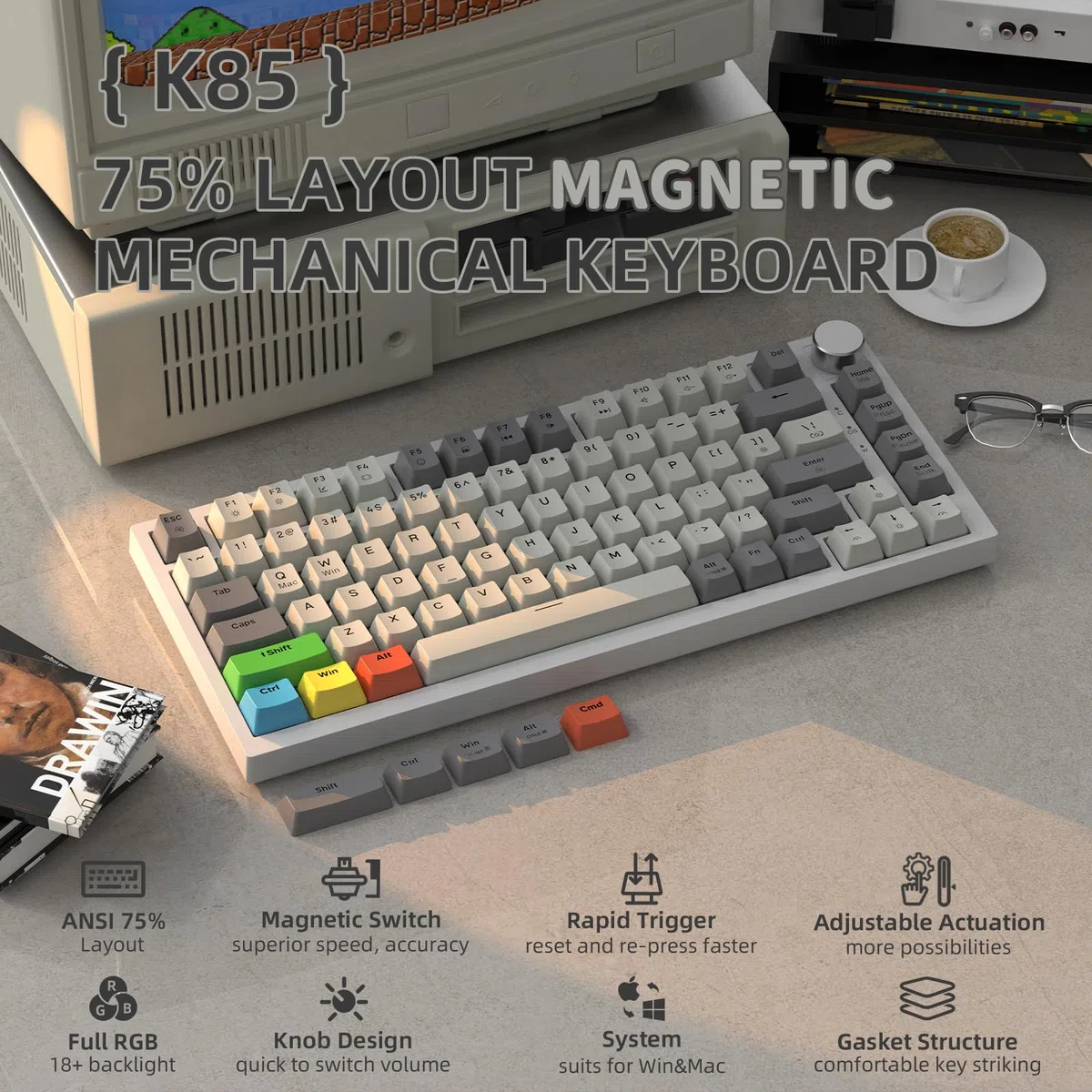 ATTACK SHARK K85 mechaniczna klawiatura do gier z kablem spiralnym, szybki wyzwalacz, konfigurowalna aktywacja, przełącznik magnetyczny, klawiatura mechaniczna RGB, obsługa DKS/MT/TGL, guziki, PC/MAC