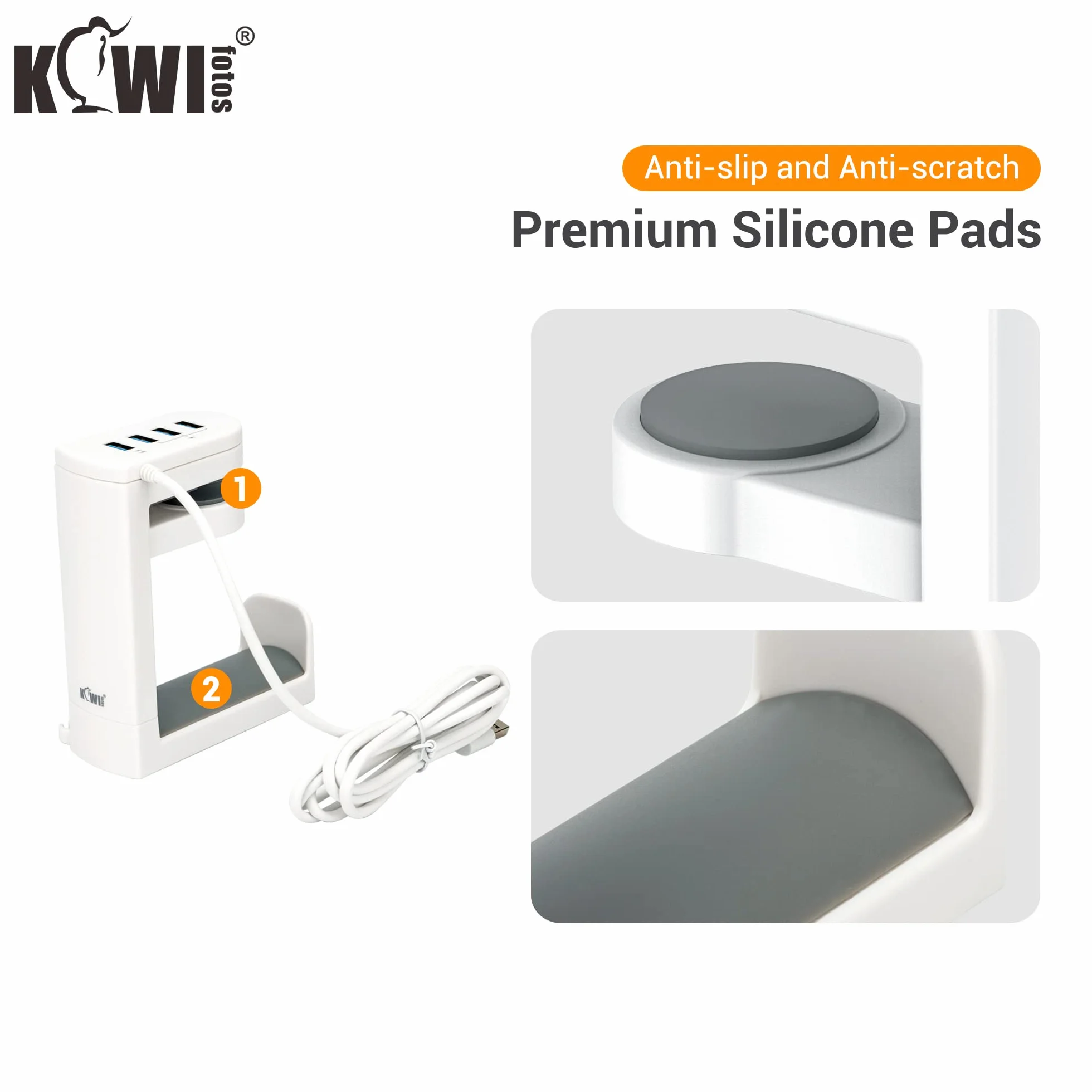 KIWIFOTOS Stojak na słuchawki z obrotowym wieszakiem na słuchawki o 360° + regulowanym zaciskiem sprężynowym, uchwyt na słuchawki do gier na biurko - z USB 3.0 x1 + USB 2.0 x3 - biały