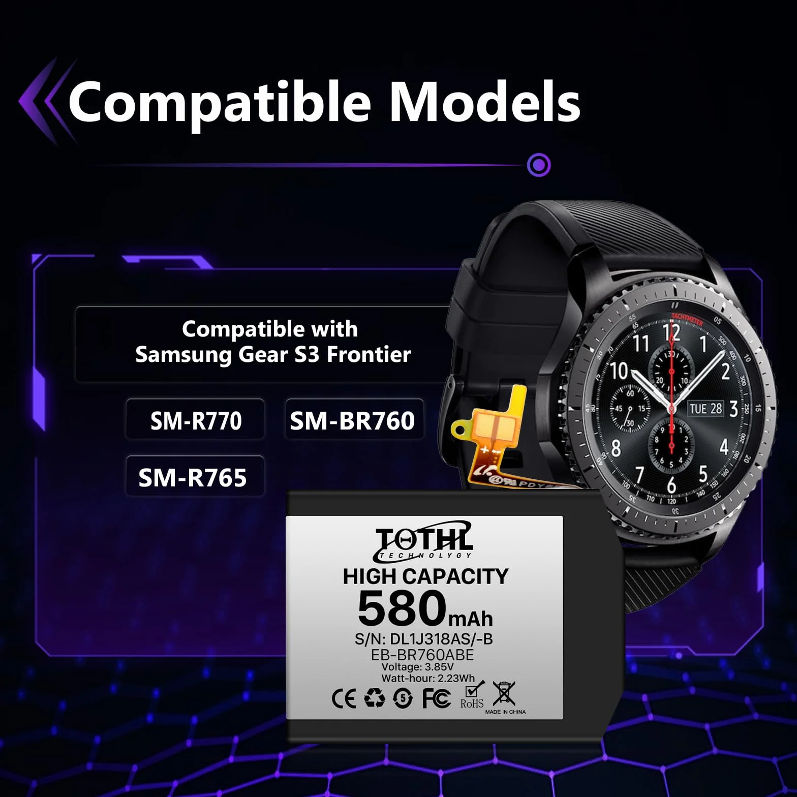 Akumulator zastępczy do Samsung Gear S3 580 mAh EB-BR760ABE, kompatybilny z Samsung Gear SM-R760, SM-R770, SM-R765, Gear S3 Frontier Gear S3 Classic GH43-04699A, z zestawem narzędzi naprawczych