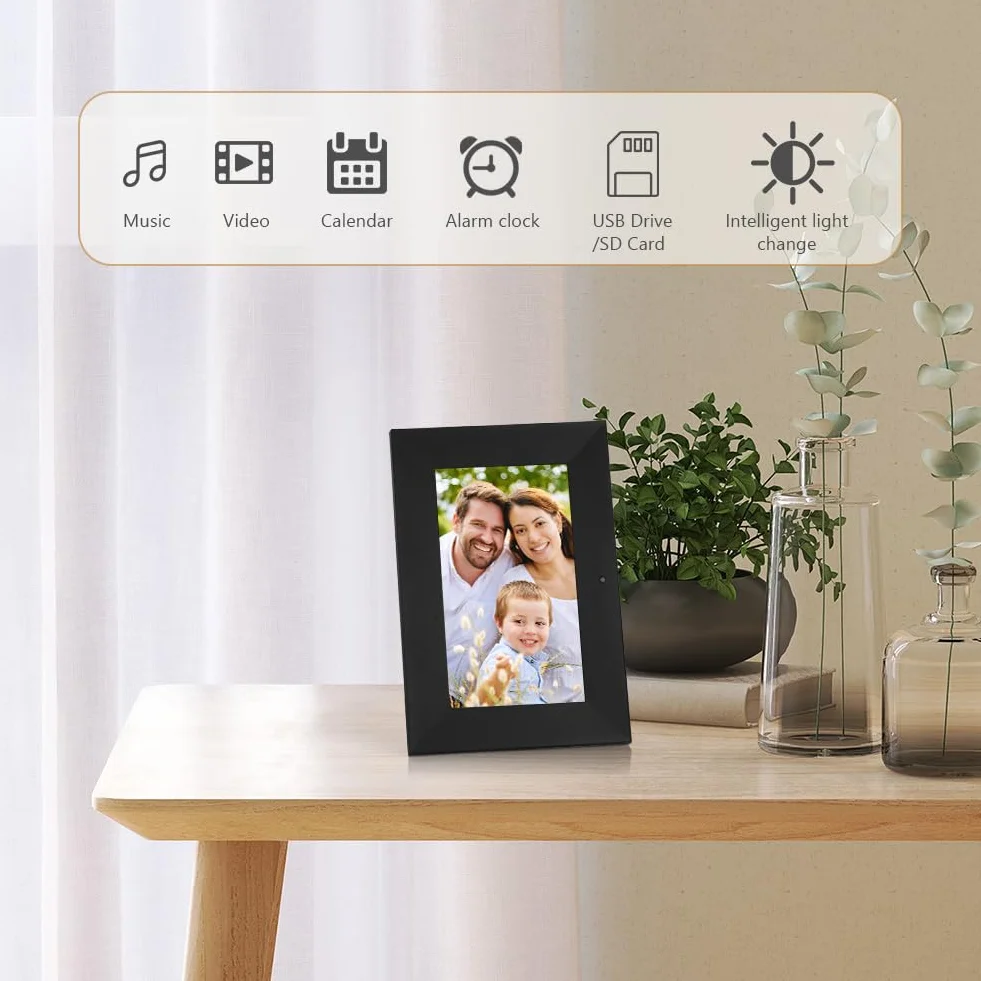 Vicloon 17,8 cm cyfrowa ramka na zdjęcia, HD ekran IPS, odtwarzacz zdjęć/muzyki/wideo/kalendarz/alarm, z pilotem zdalnego sterowania, obsługa kart USB/SD, możliwość montażu na ścianie (bez WiFi)